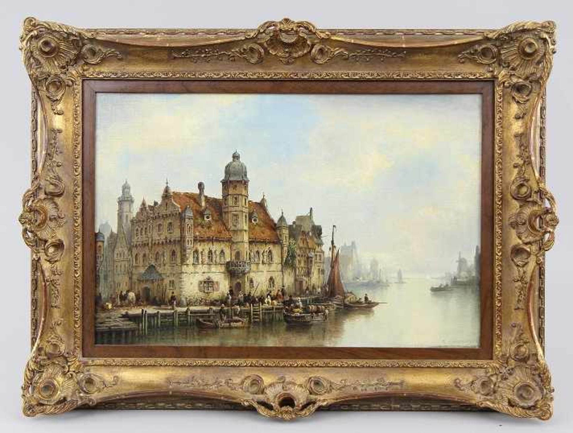 Hermann, Elias Ludwig (Greifswald 1812 - 1881 Berlin) Gemälde "Flusshafen in Gent", Öl auf Leinwand,