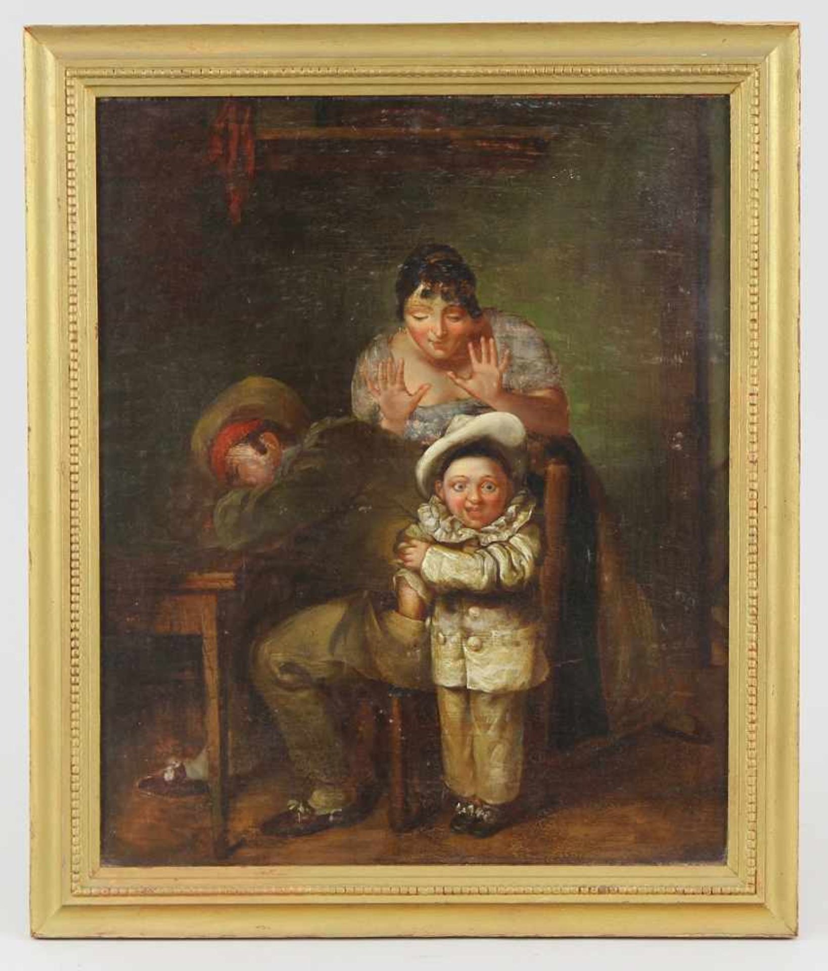 Englischer Maler des 19. Jhd. Gemälde "Auf frischer Tat ertappt", Öl auf Mahagoniplatte, Interieur