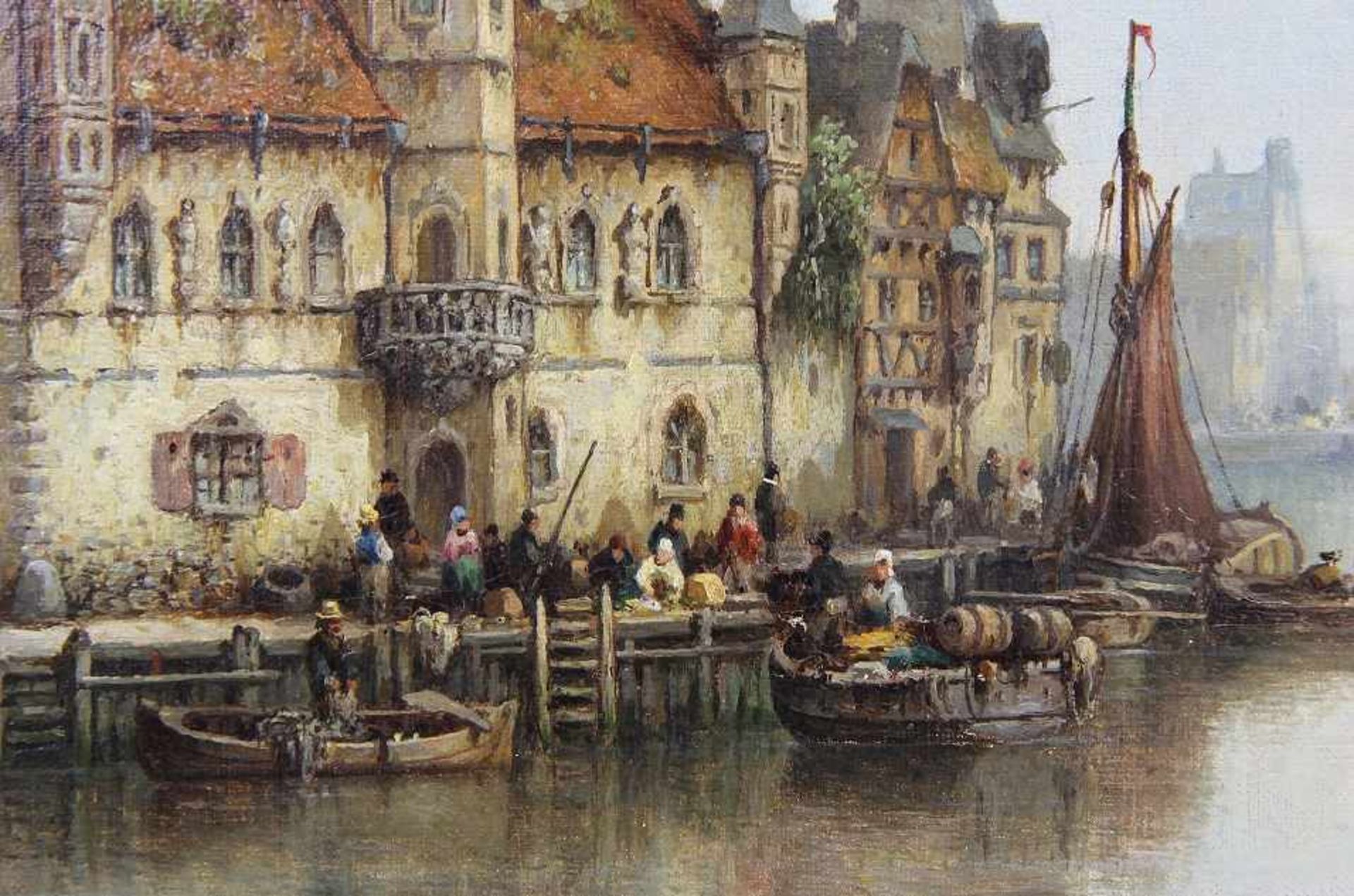 Hermann, Elias Ludwig (Greifswald 1812 - 1881 Berlin) Gemälde "Flusshafen in Gent", Öl auf Leinwand, - Image 5 of 6