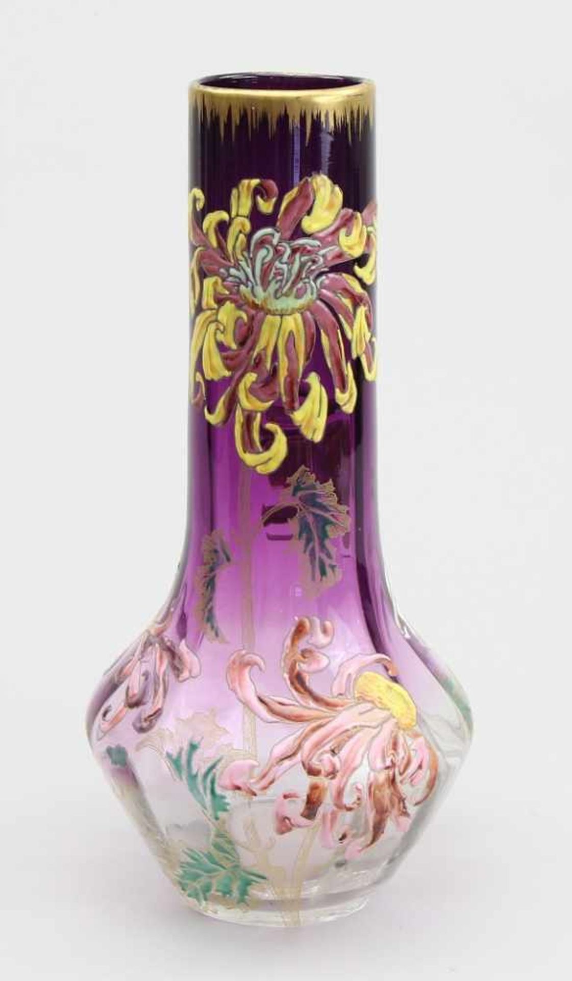 Legras - Vase Farbloses und amethystfarbenes Glas modelgeblasen, pastose farbige Emailbemalung mit