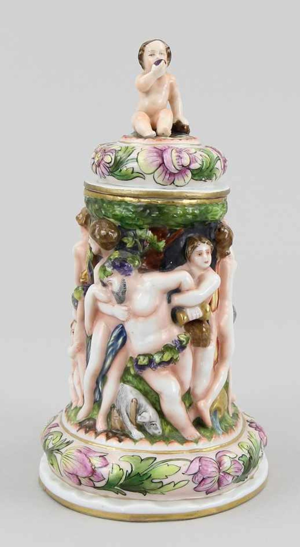Figurenkrug "Bacchantenzug" Porzellan farbig bemalt und vergoldet, ovaler Korpus mit figürlichem - Bild 3 aus 7