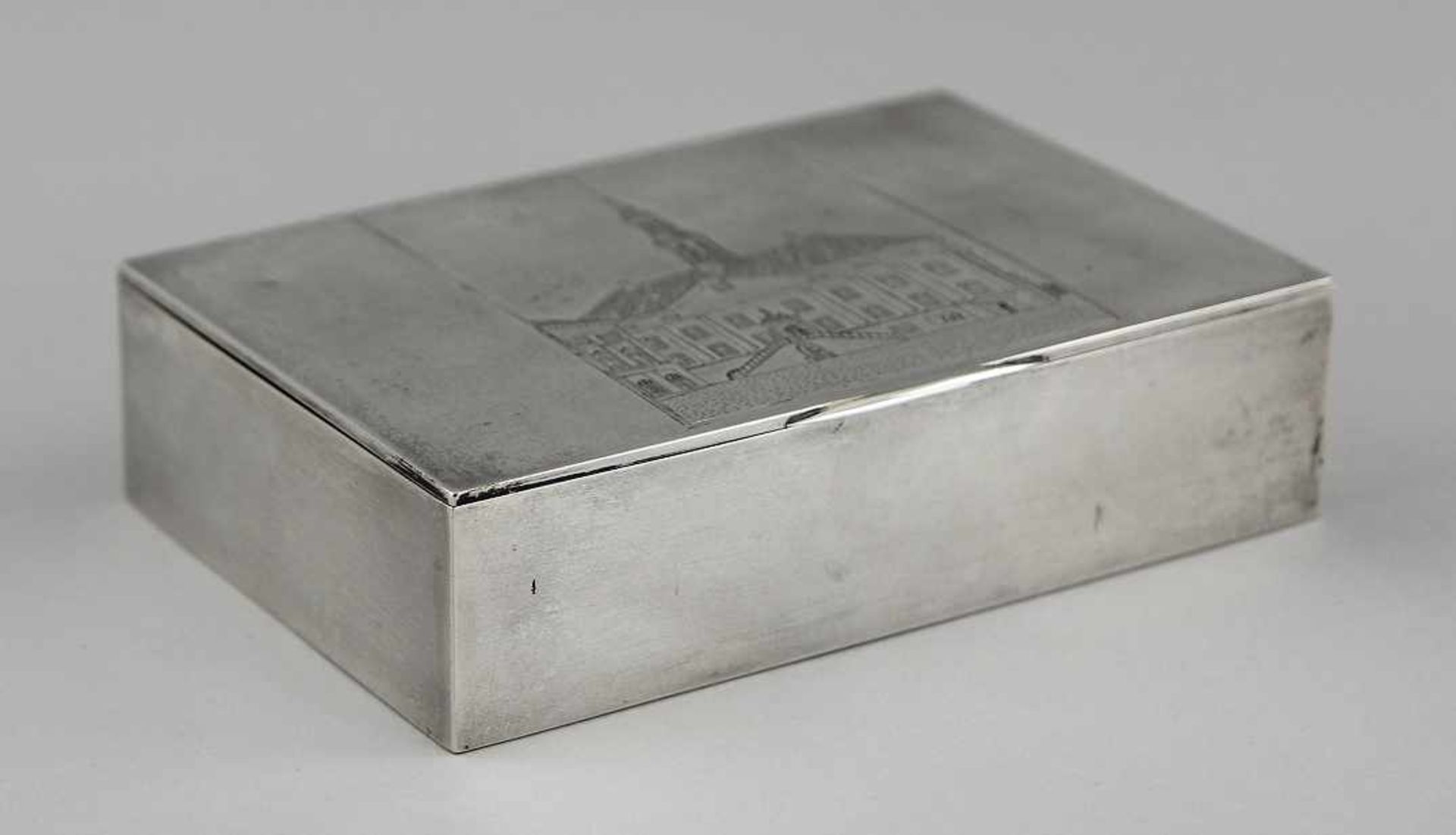 Zigarrenkasten "Narva" Silber 875 getrieben und graviert, rechteckiger Kasten mit flachem