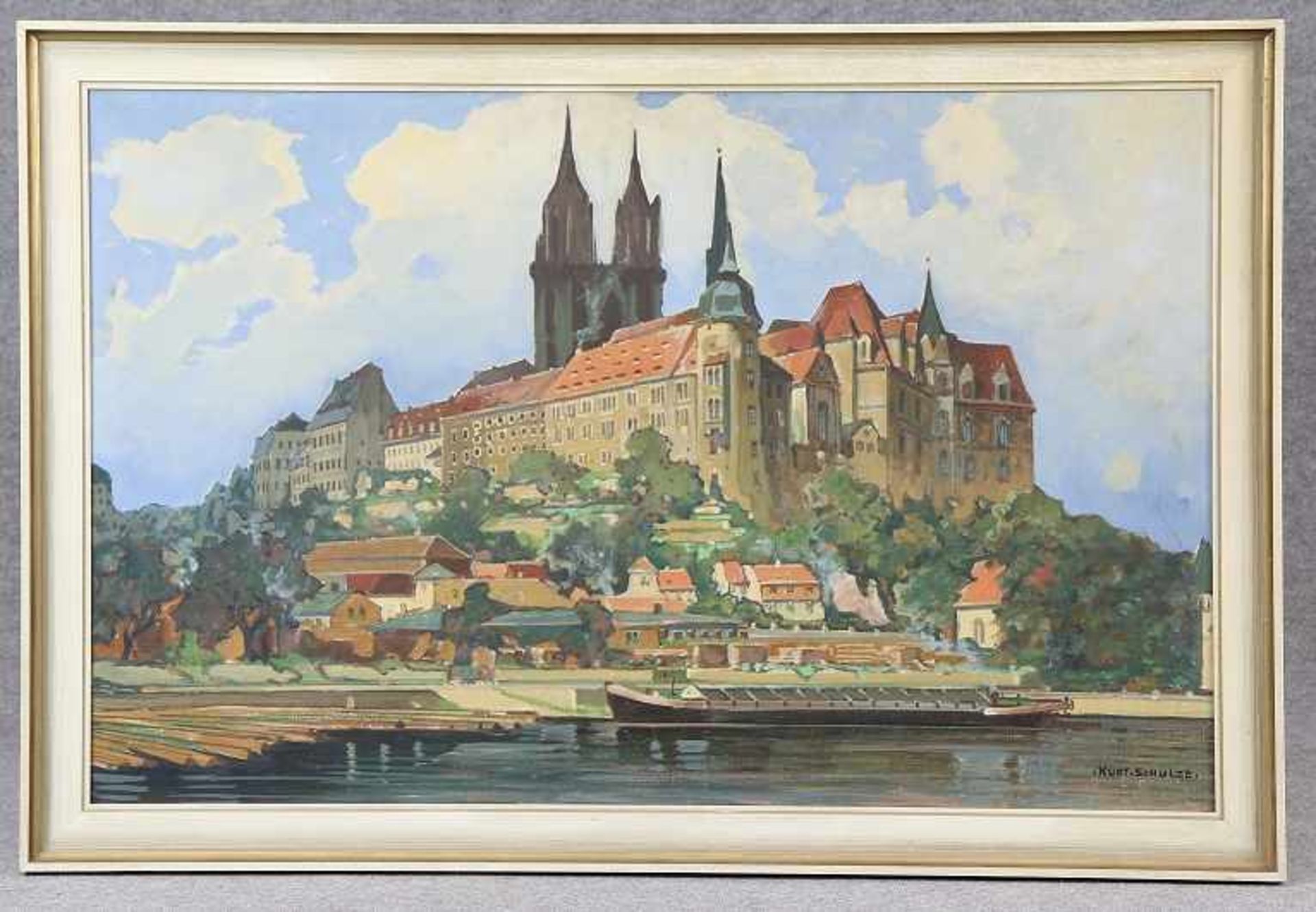 Schulze, Kurt (Dresden 1877 - ?) Gemälde, Öl auf Leinwand, Blick über die Elbe auf Meissen und die