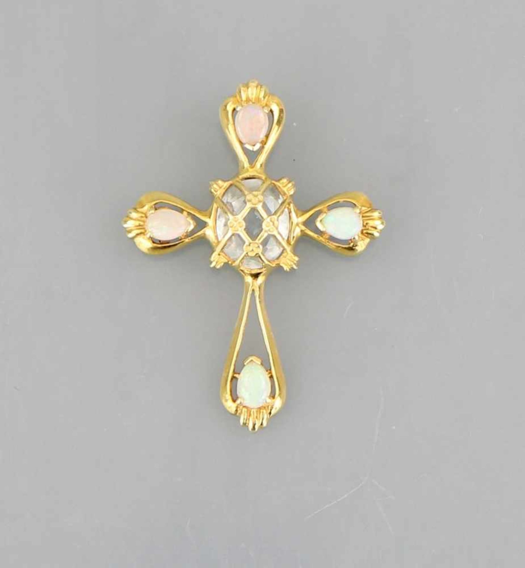 Kreuzanhänger Gelbgold 14kt., durchbrochen gearbeitetes Kreuz besetzt mit vier kleinen ovalen Opalen