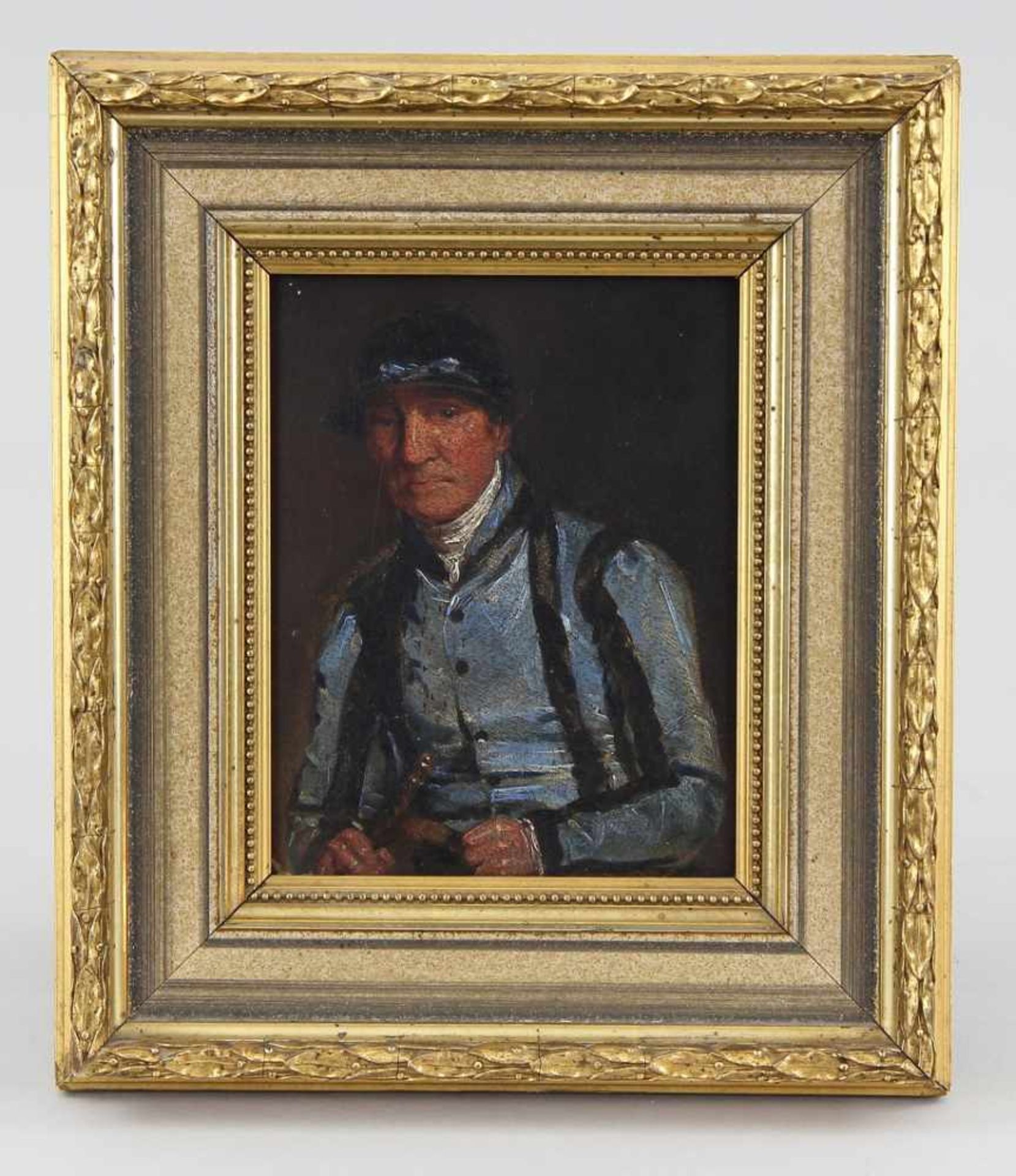 Englischer Maler des 19. Jhd. Miniaturgemälde, Öl auf Karton, Portrait des englischen Jockeys