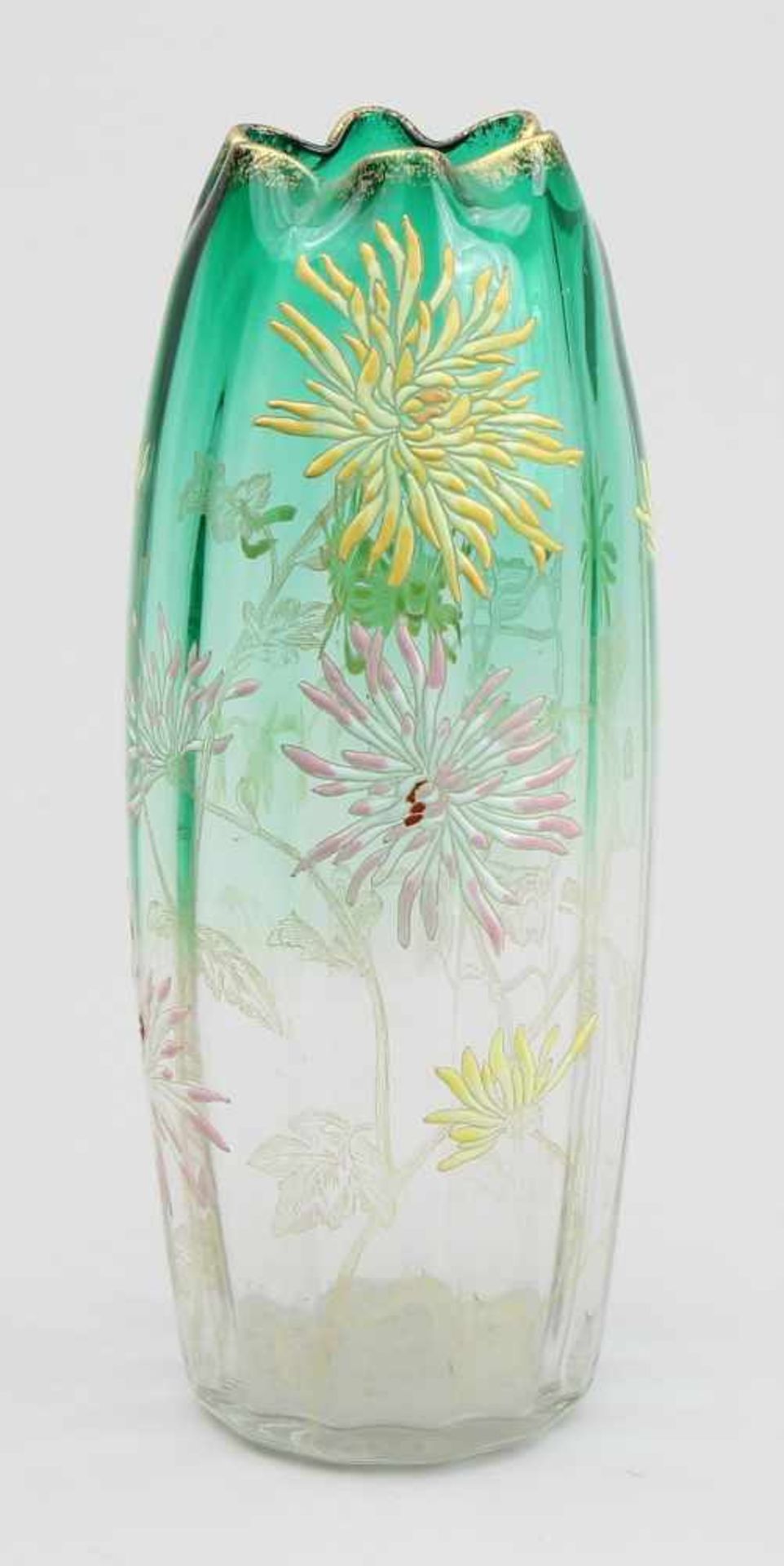Legras - Vase Farbloses und grünes Glas modelgeblasen, pastose farbige Emailbemalung mit