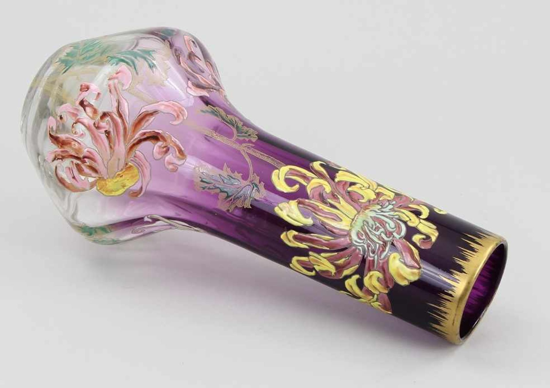 Legras - Vase Farbloses und amethystfarbenes Glas modelgeblasen, pastose farbige Emailbemalung mit - Bild 3 aus 4