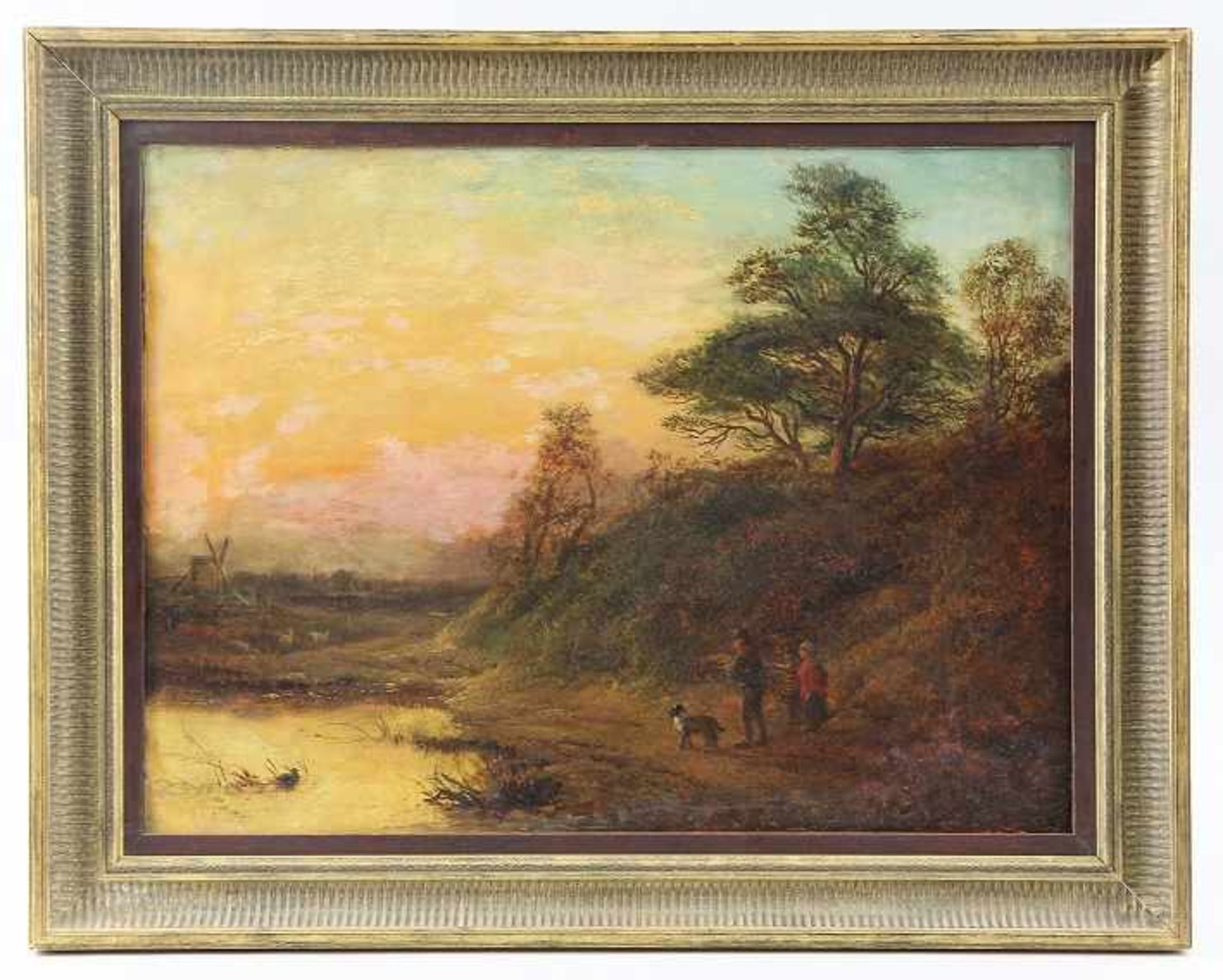 Niederländischer Maler des 19. Jhd. Gemälde, Öl auf Leinwand, waldige Landschaft im Abendrot mit