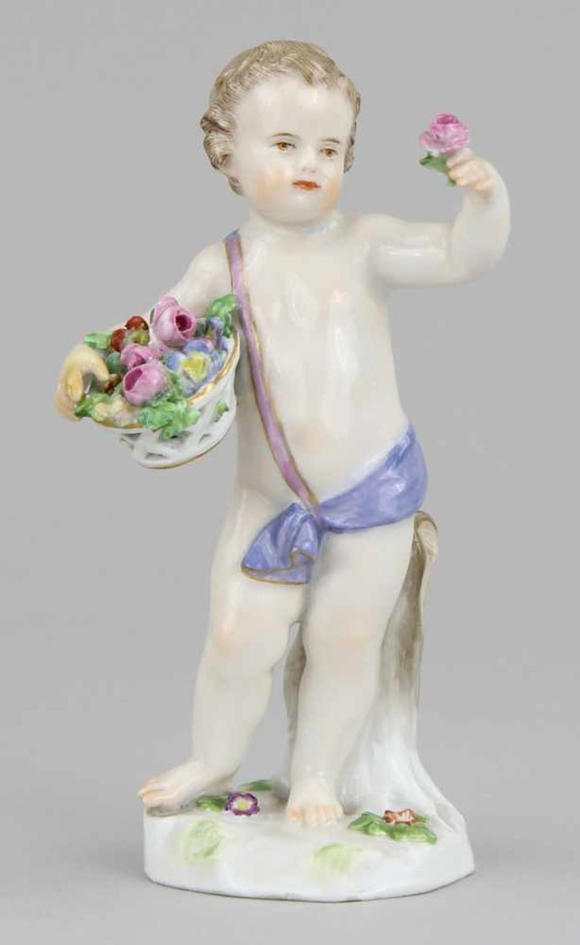 Meissen - Figur "Der Frühling" Porzellan farbig bemalt und leicht vergoldet, stehender Junge mit