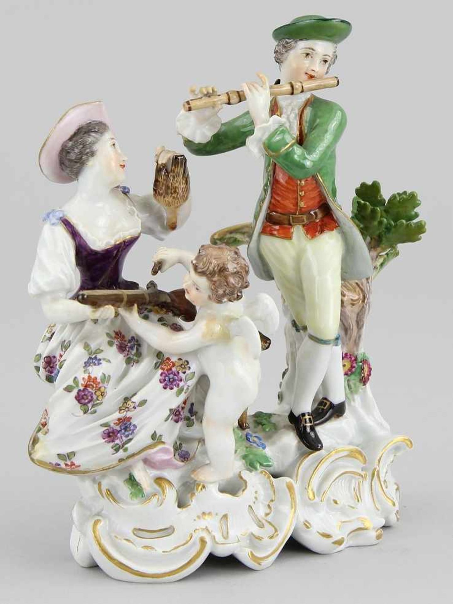 Meissen - Figurengruppe "Allegorie der Jagd" Porzellan farbig bemalt und leicht vergoldet, Jägerpaar - Bild 3 aus 5