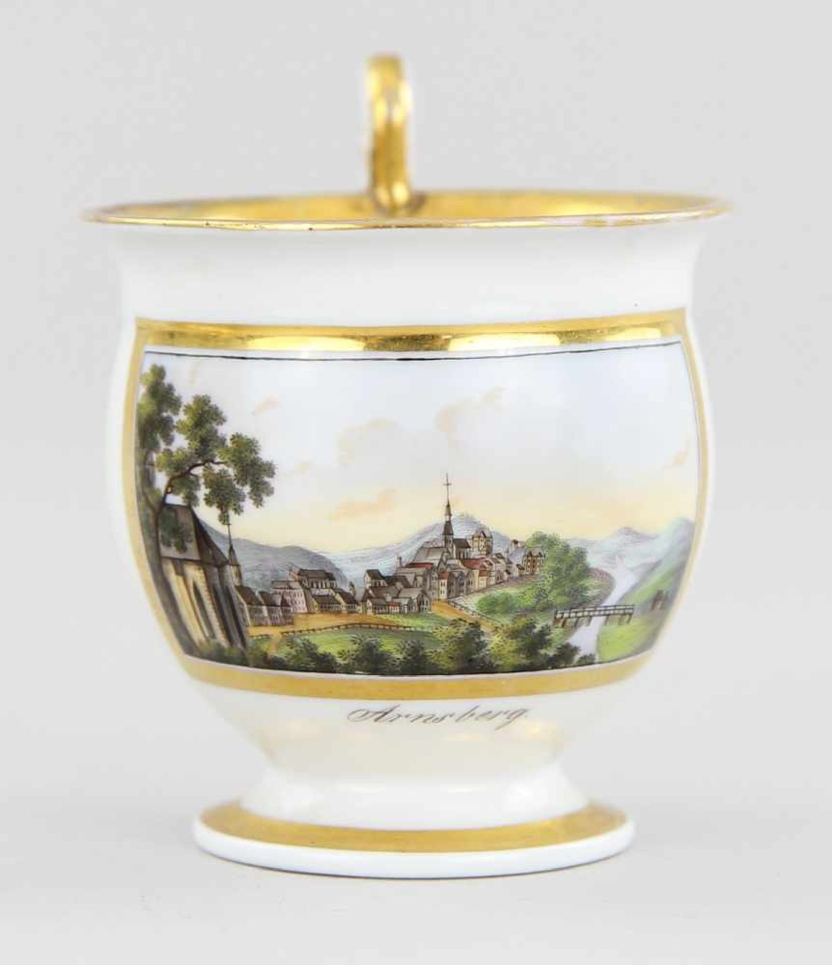 Ansichtentasse "Arnsberg" mit Untertasse Porzellan farbig bemalt und vergoldet, gefußte - Bild 2 aus 3