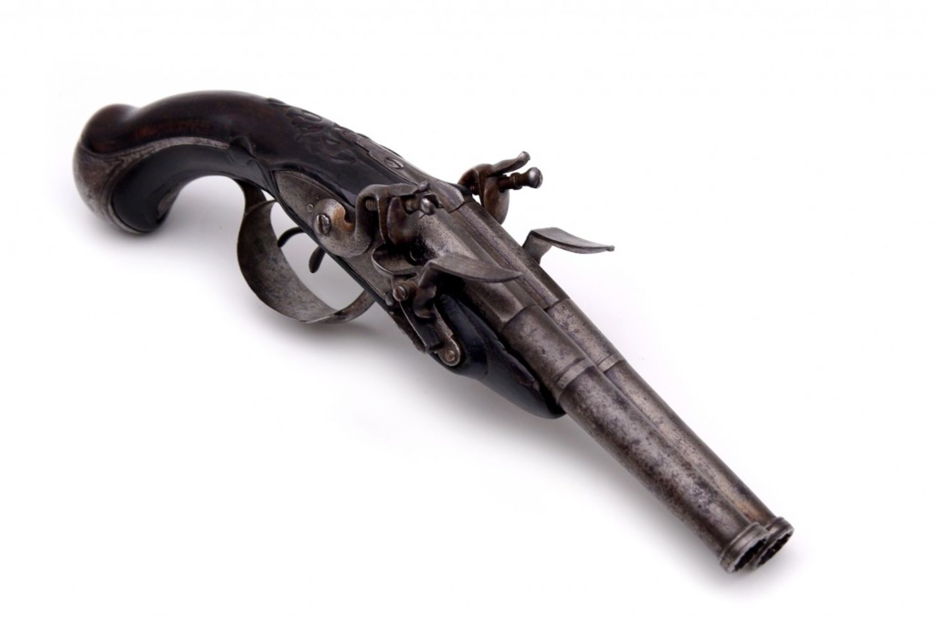 A double-barrelled flintlock pistol