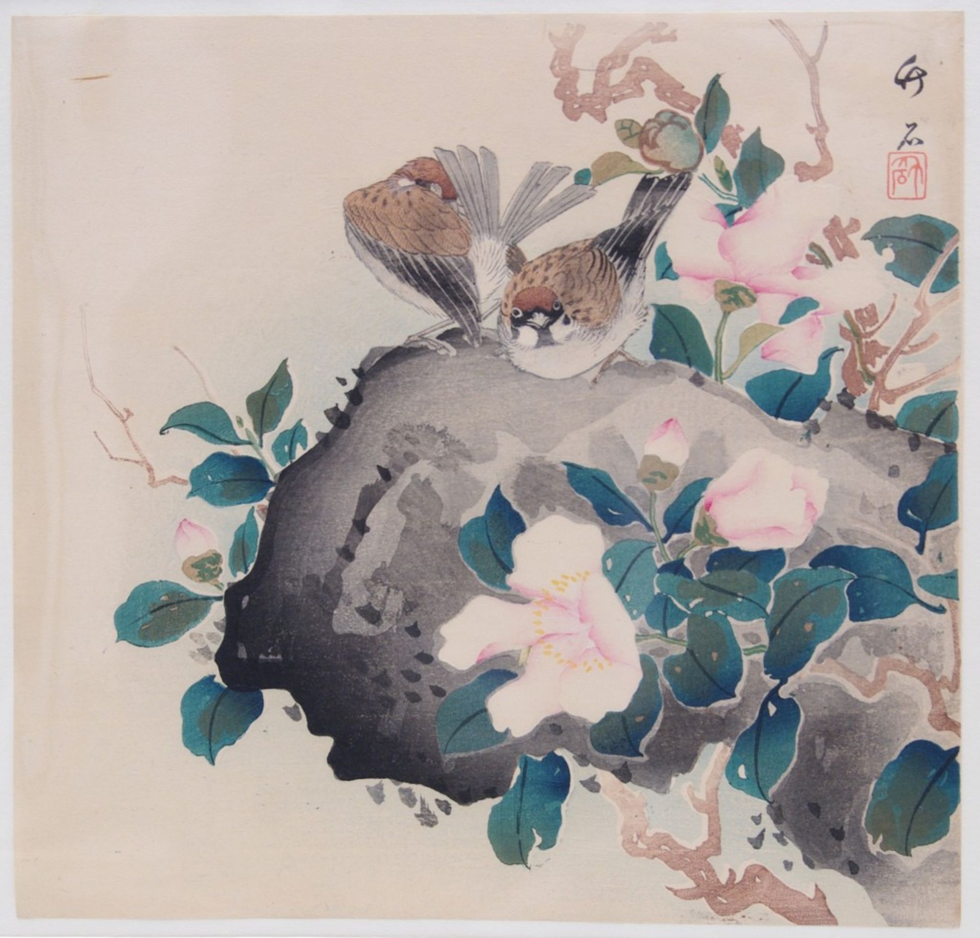 Chikuseki (active ca 1880-1910) A pair of sparrows in a rock with pink magnolia. Shin hanga.