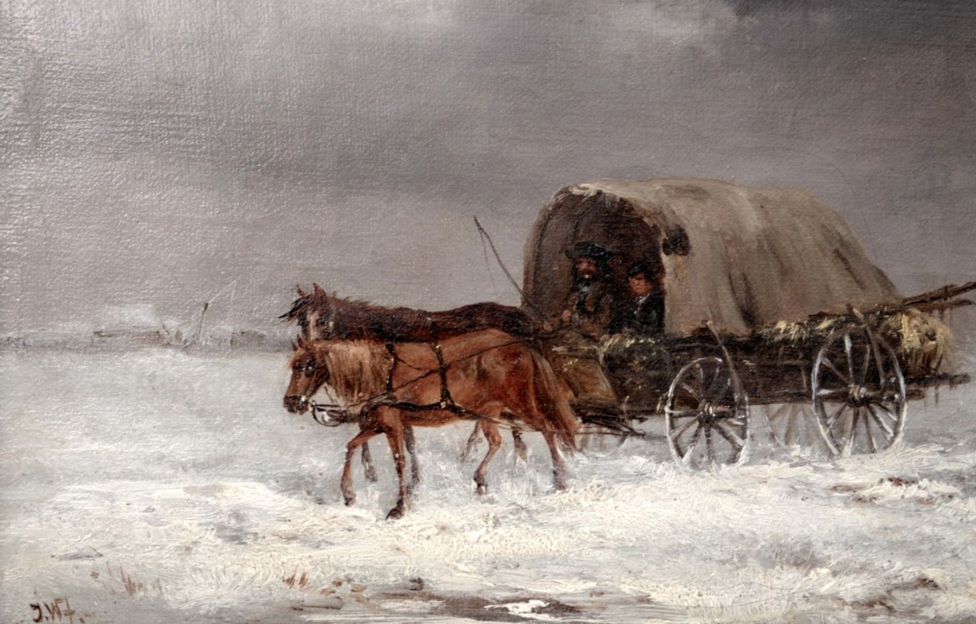 Winter Landscape with Horses Pulling a Wagon by Joseph Wolfram - Bild 2 aus 2
