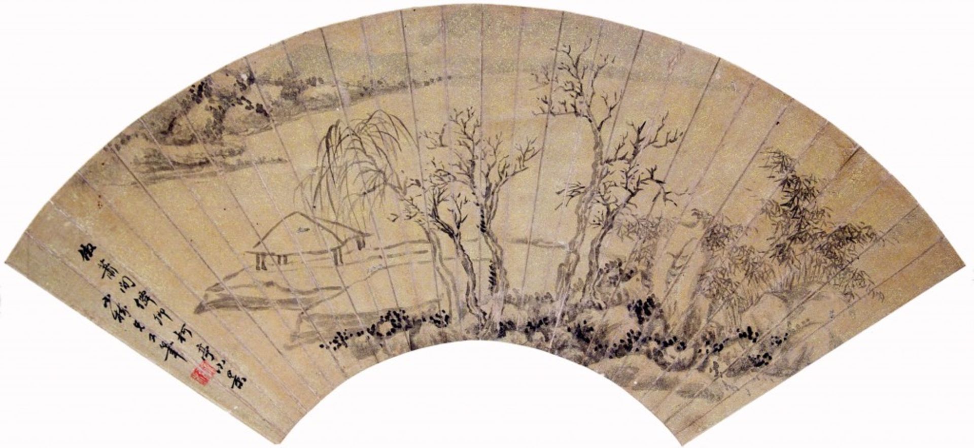 A folding fan with an ink literati landscape in the style of Chinese imaster Ni Tsan