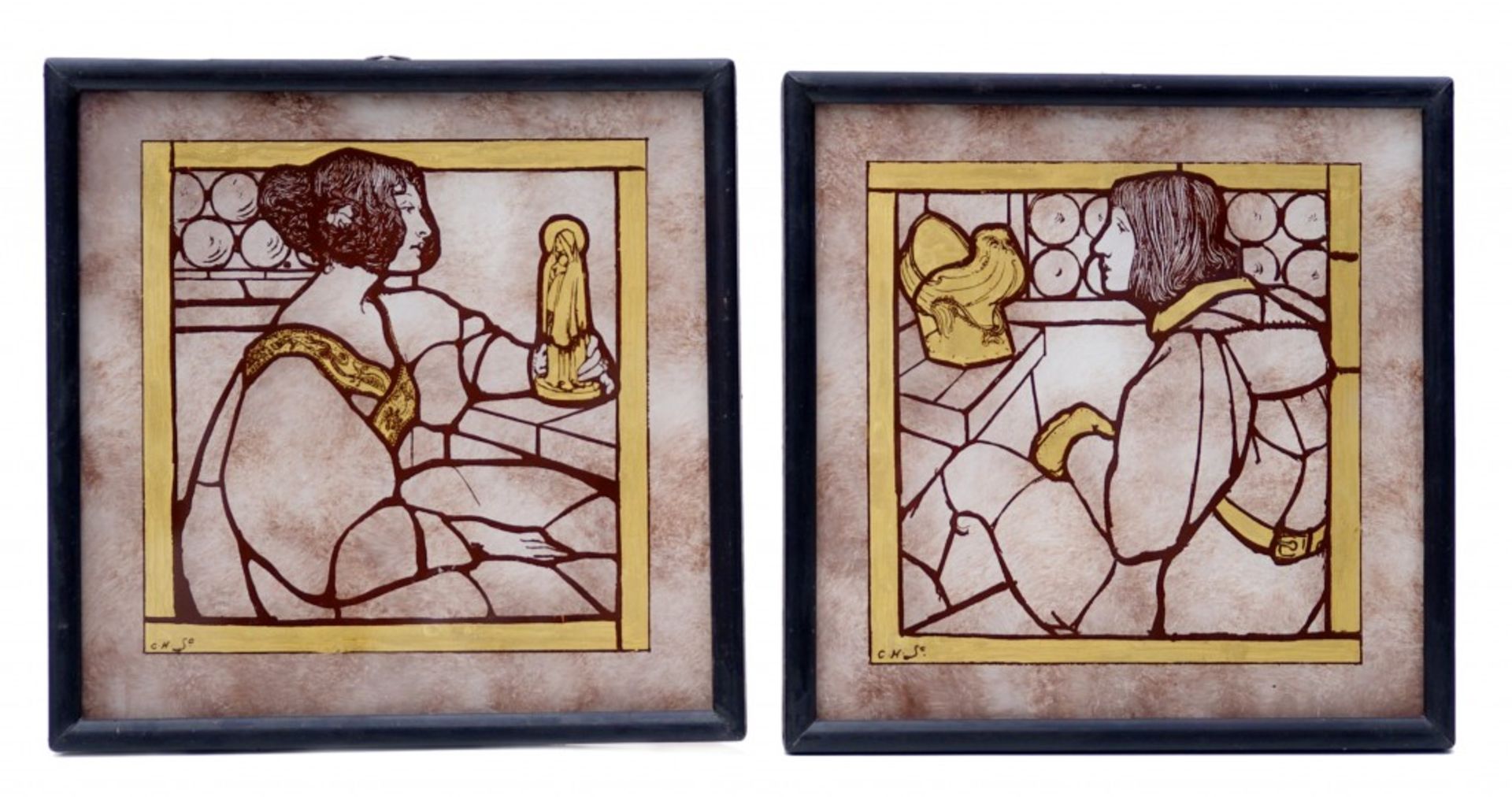 Two Art Nouveau Stain Glass Paintings