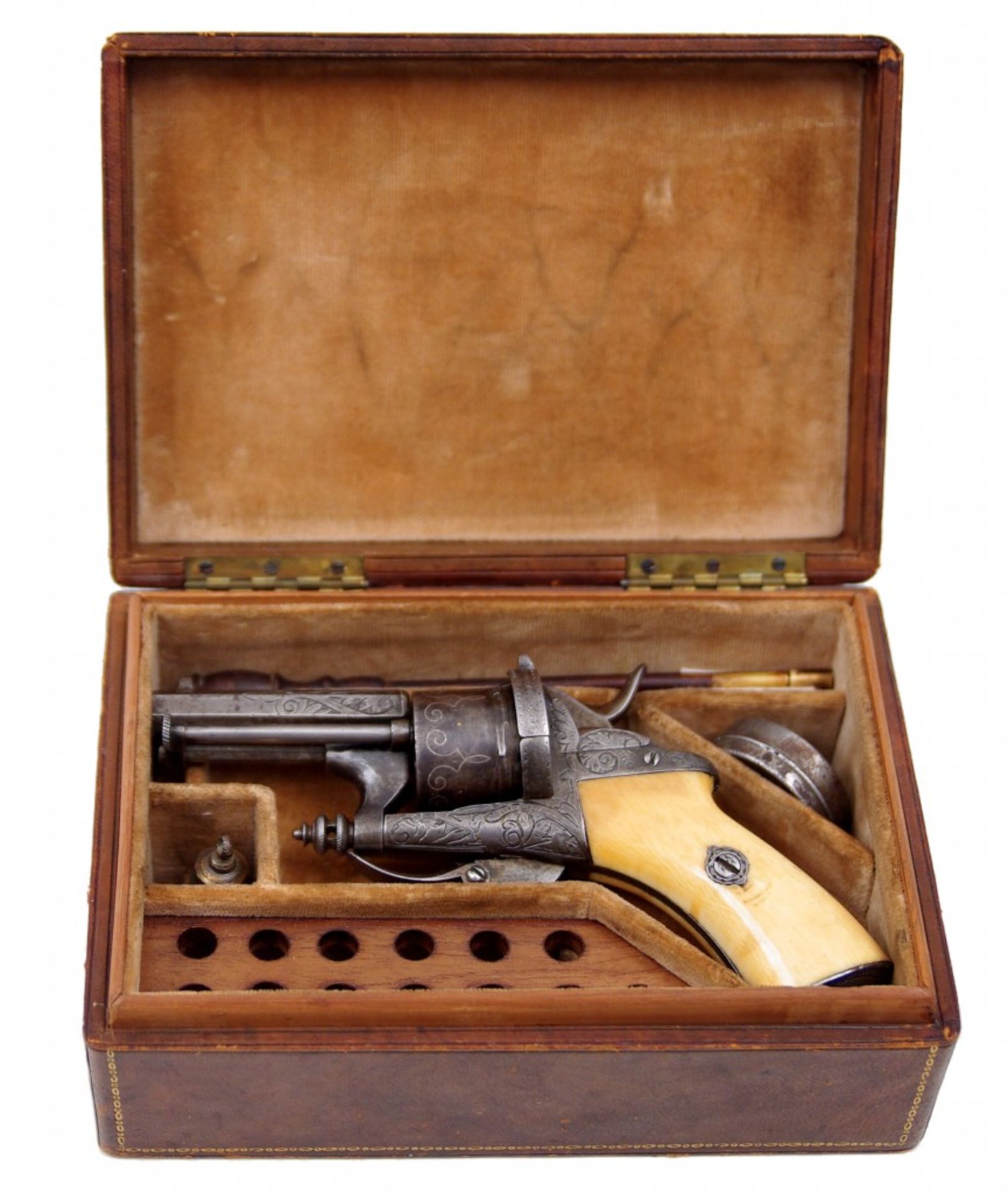 Uniquely engraved cased Chamelot & Delvigne pinfire revolver