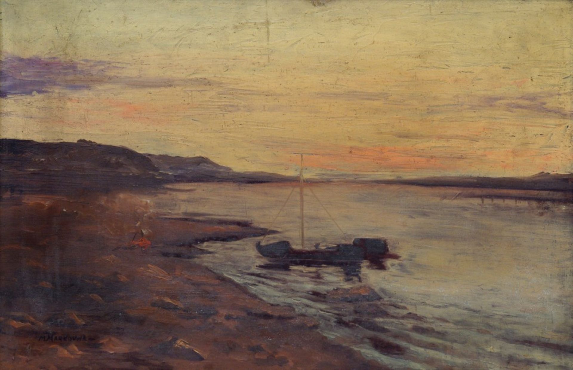 Cove with fishing boat, Мария Марковна Джагупова (Maria Markovna Jagupova)Oil on cardb