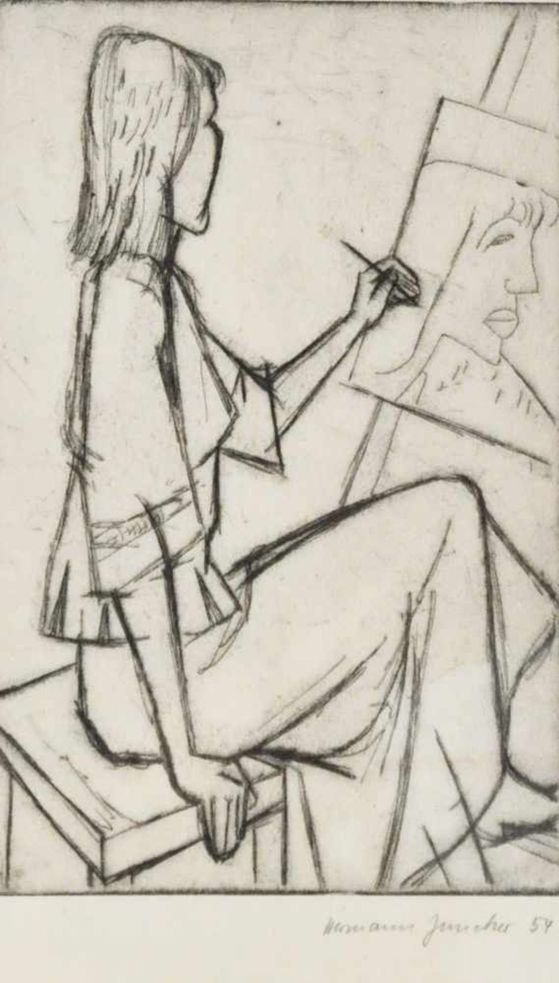 Juncker, Hermann Theophil (1929 - tätig in Hamburg),"Mädchen beim Zeichnen", Radierung, 25,0 x 16,