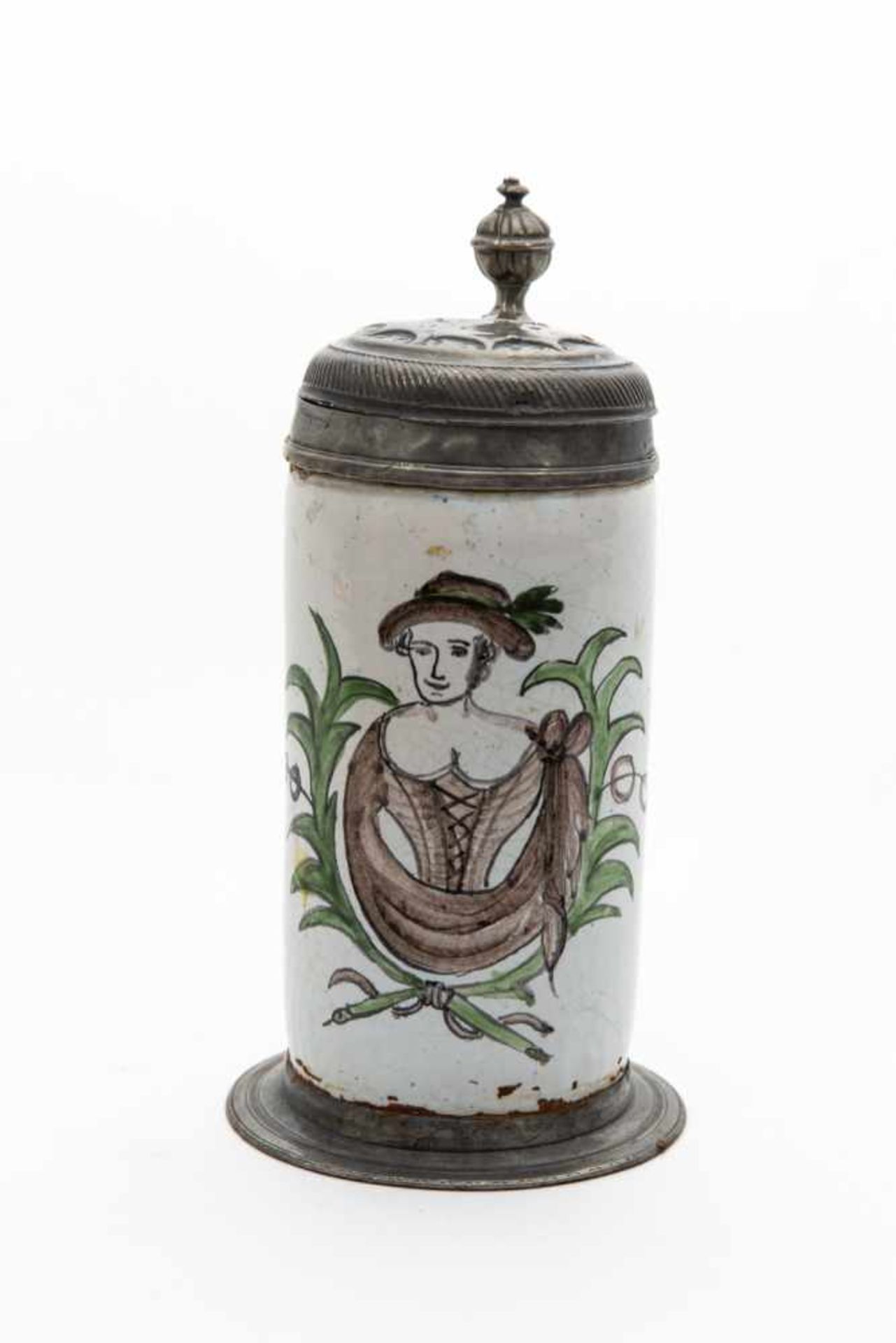 Fayace Krug,Crailsheim, 18. Jh., Zinnmontierung, Höhe 20 cm, restauriert, dat 1737