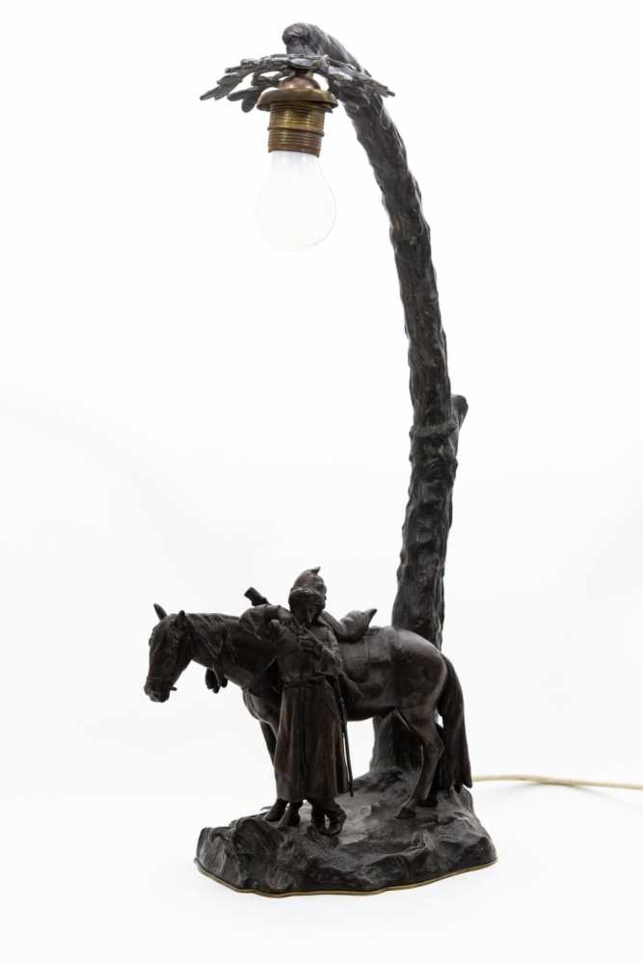 Große Tischlampe Russland/Frankreich"Kosake mit Pferd", Bronze 60 x 30 cm,