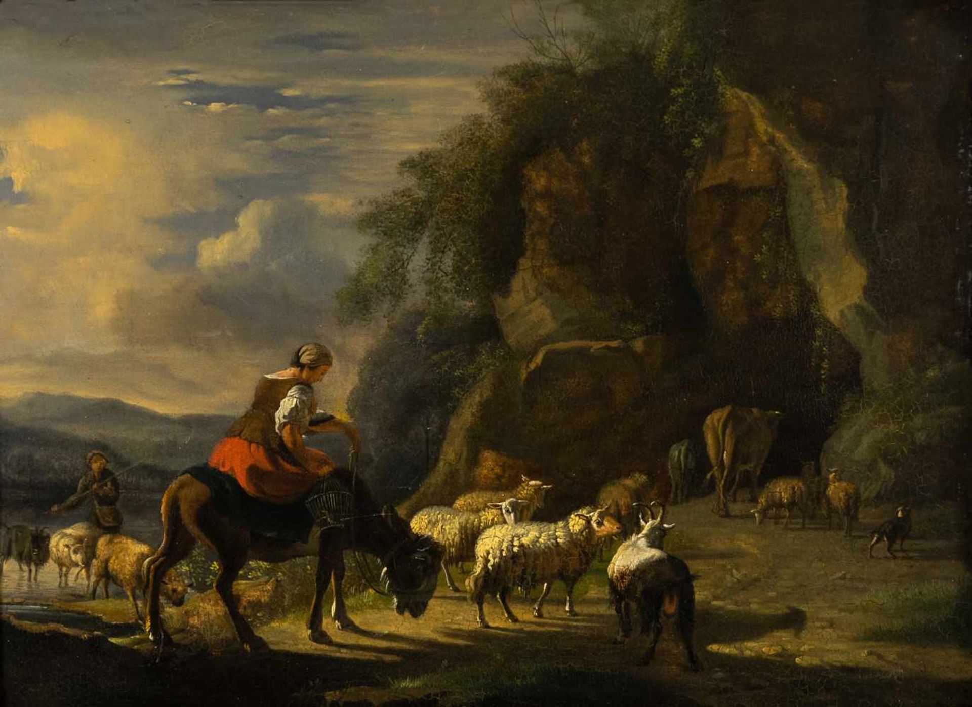 Does, Jacob van der (1632 - 1673), zugeschrieben"Hirtenpaar mit Vieherde", Öl auf Holz, 28,5 x 38