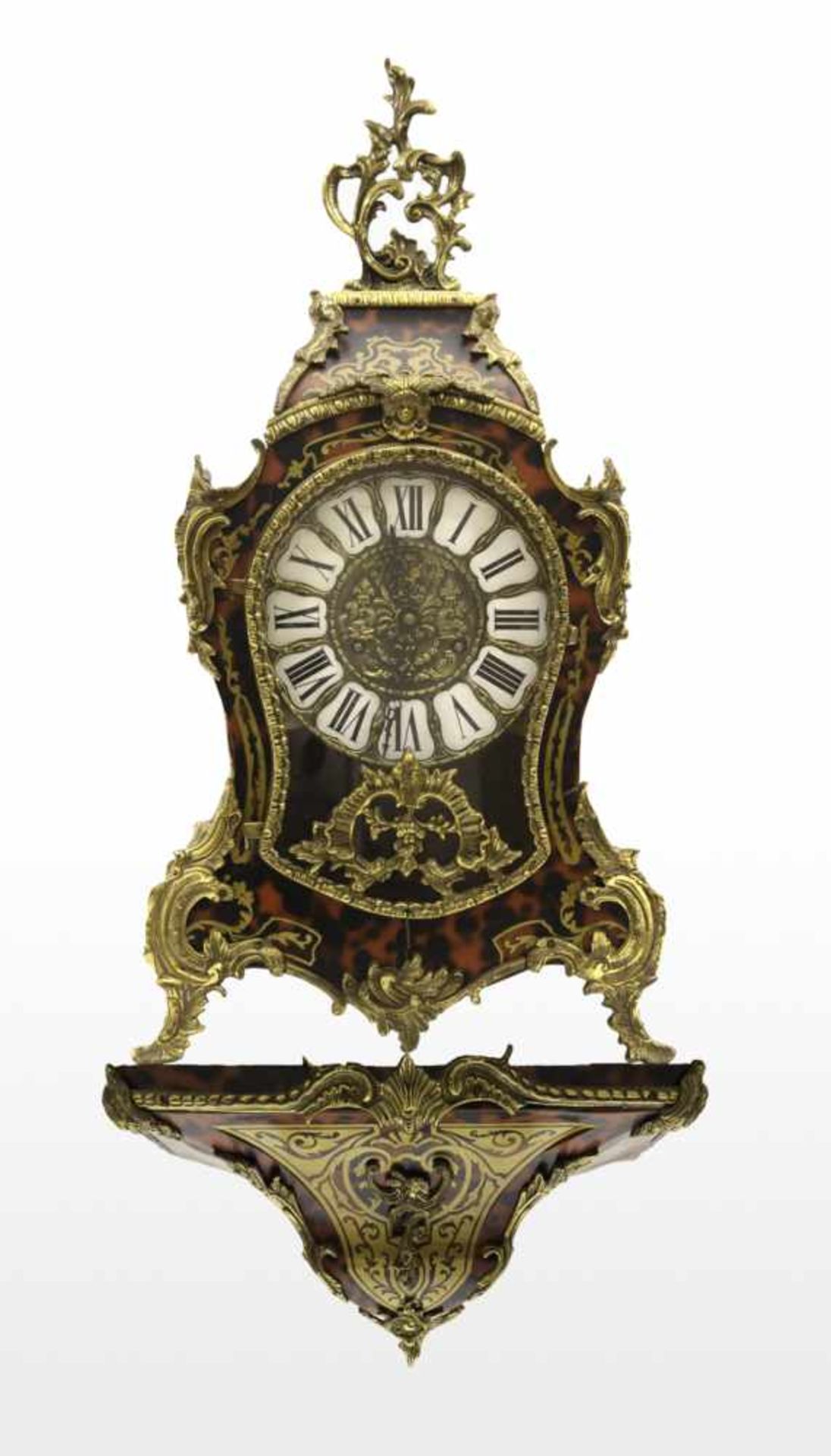 Boulle - Uhr, Frankreich, 20. Jh.,Schildpatt mit Messingeinlagen, Halbstundenschlag auf Glocken,