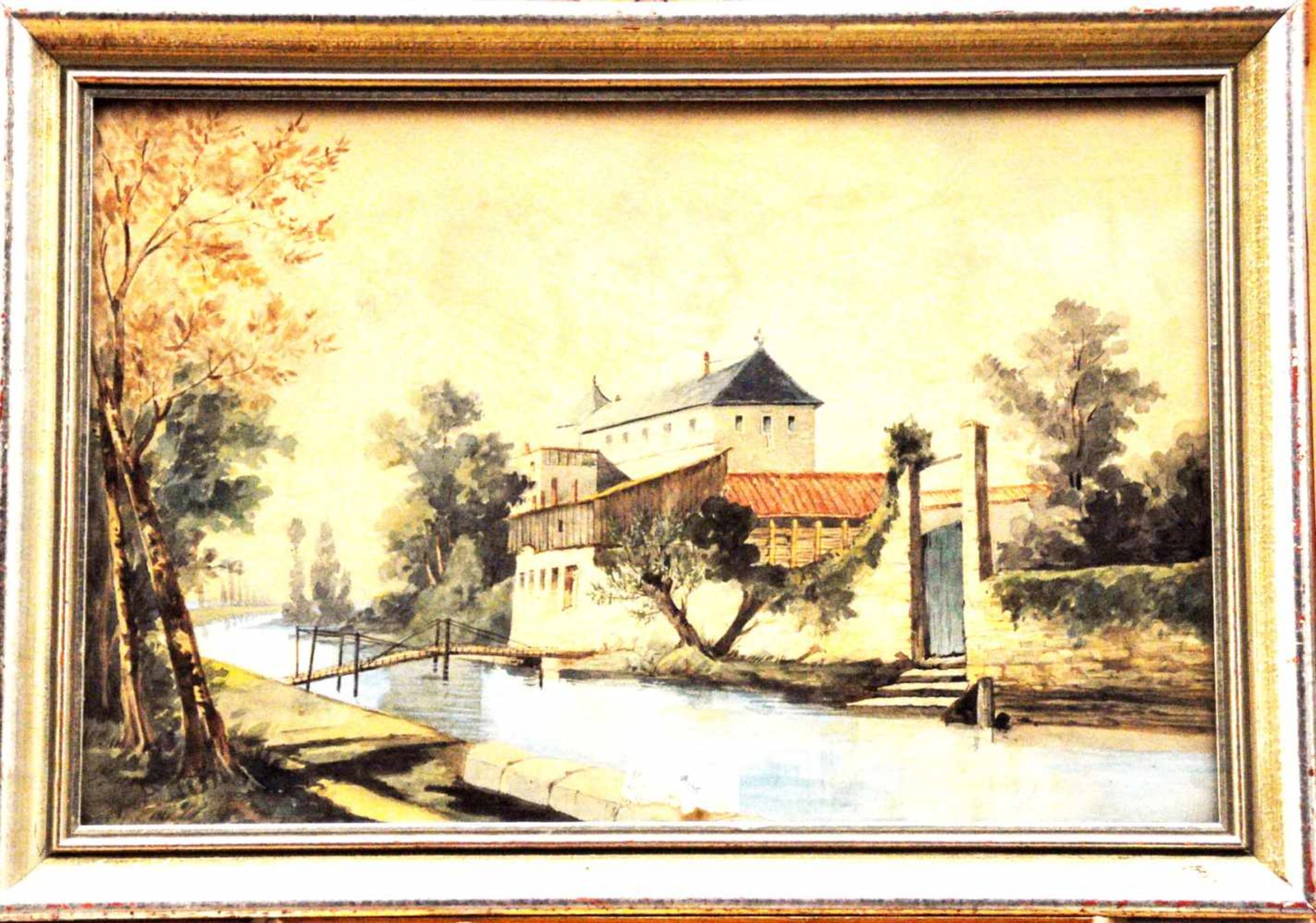 Aquarellist, Deutsch um 1900"Burganlage am Wasser", Aquarell, 27 x 40 cm, links unten unleserl.