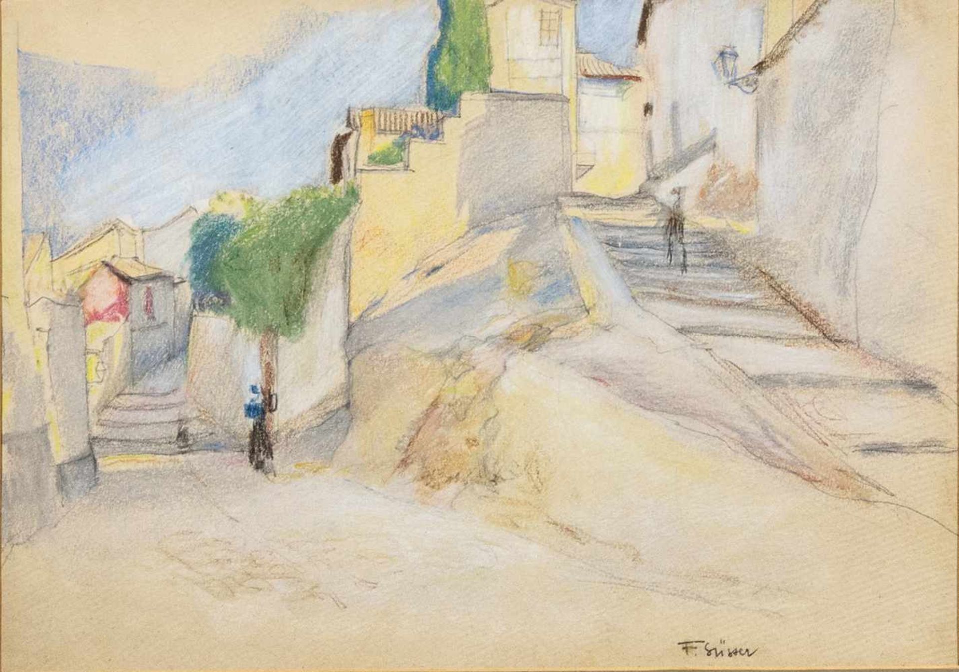Süsser, Frantisek (1890 - 1956)"Häuser im Dorf", Zeichnung mit Farbkreide, 24 x 33,5 cm, rechts