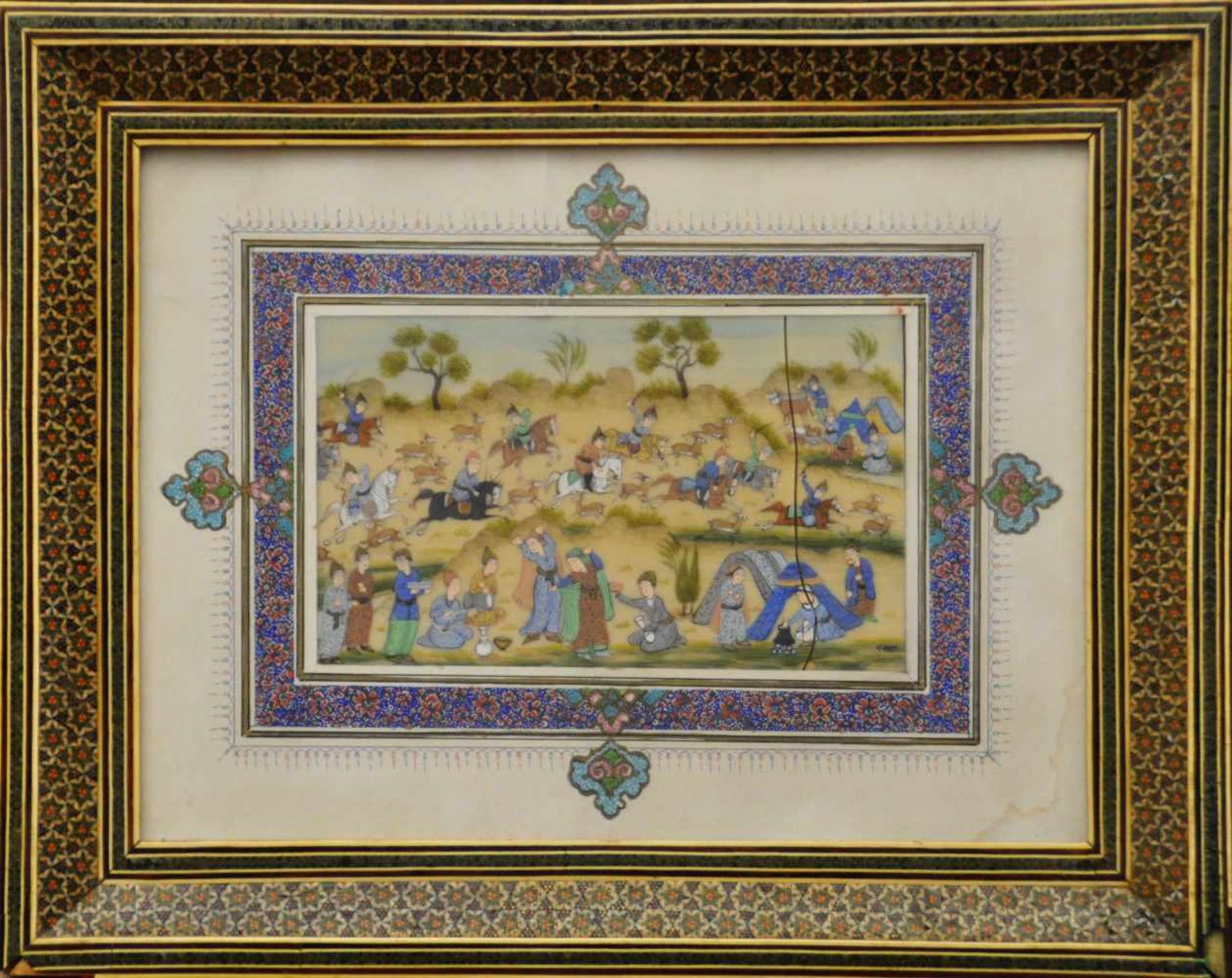 Persische Miniatur um 1950Bei der Jagd", Gouache, 12 x 19,7 cm, rechts unten signiert, beschädigt