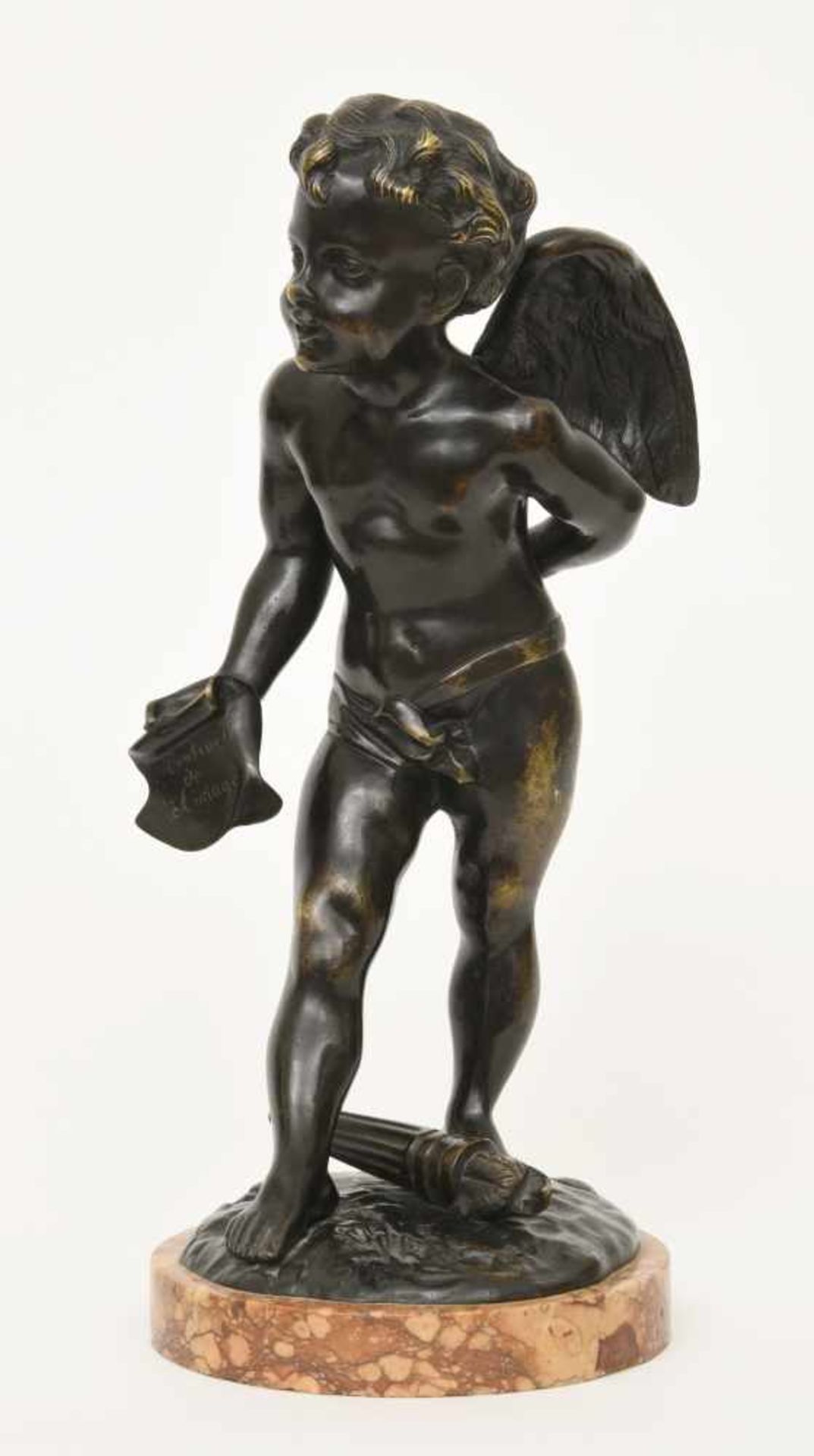 Drouot, Édouard (1859 - 1945 Paris)"Amor mit Kette und Vertrag", Bronzeskulptur, im Boden