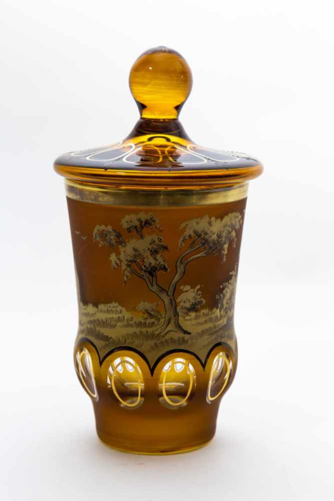 Bonbonniere, Deckelglas, deutsch um 1930bemalt von Willy Hermann (1895 - 1963)?, mit Silber und Gold