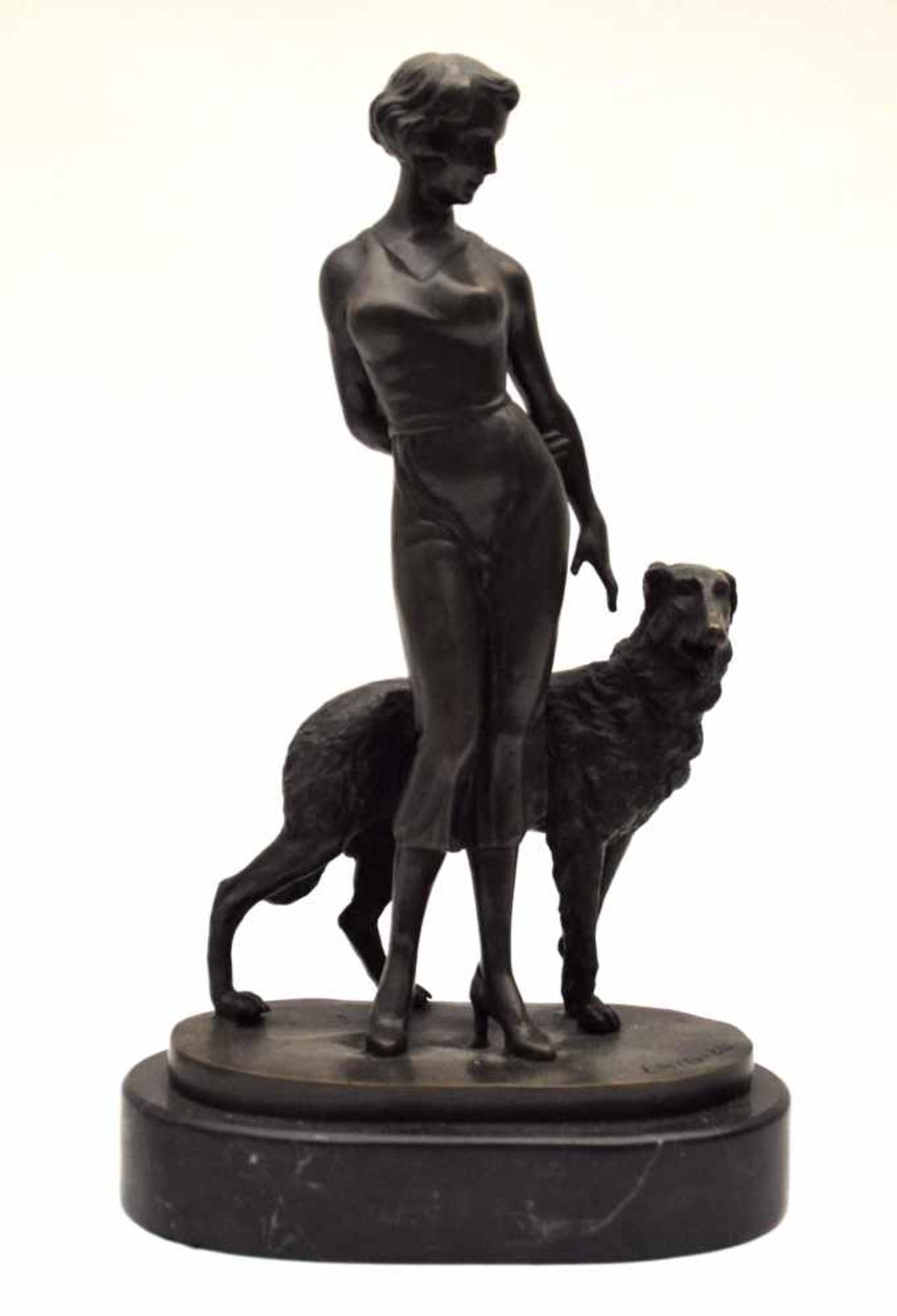 Lorenzl, deutsch um 1950,"Junge Frau mit Windhund", Bronze, Höhe 37 cm, in der Platte signiert