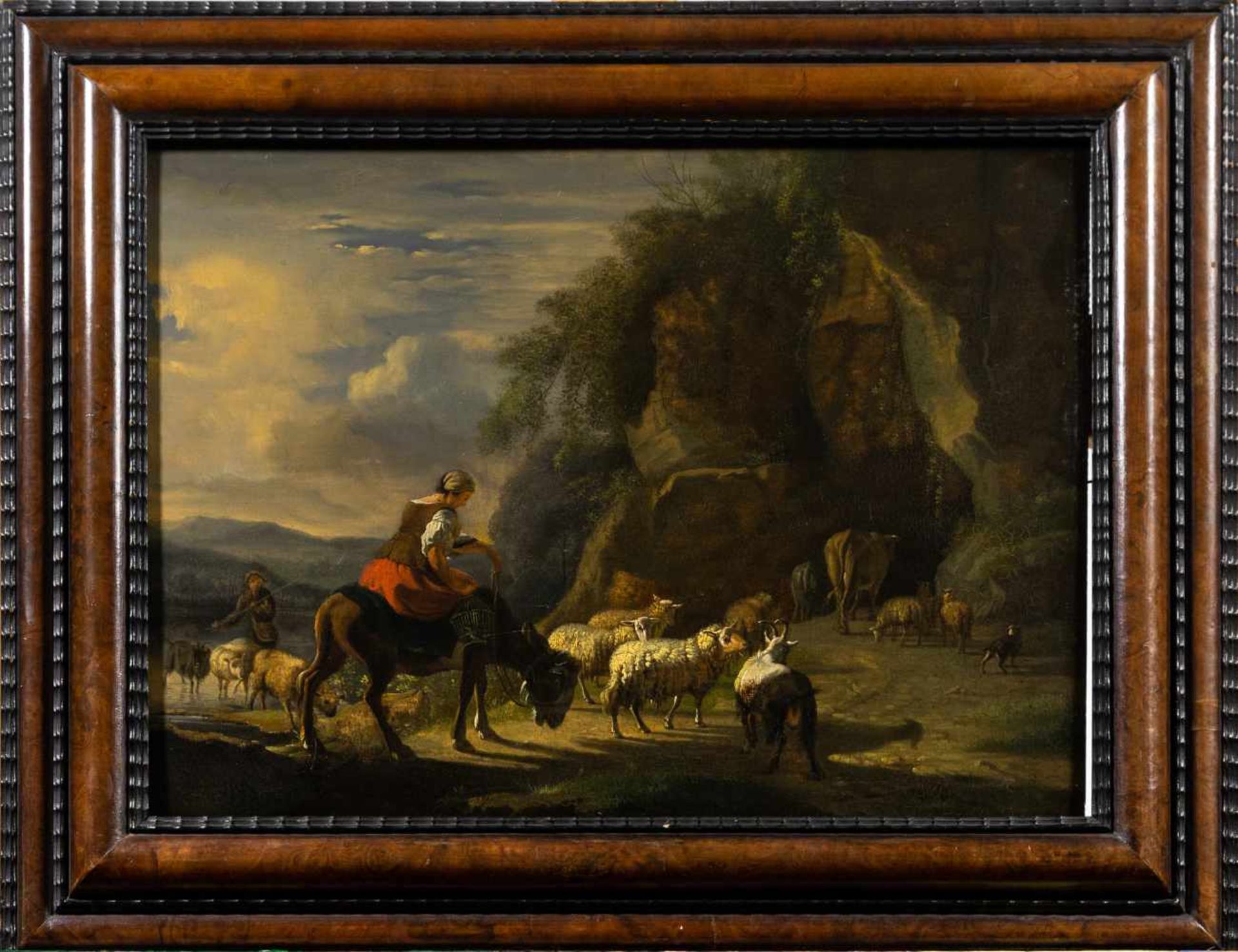 Does, Jacob van der (1632 - 1673), zugeschrieben"Hirtenpaar mit Vieherde", Öl auf Holz, 28,5 x 38 - Image 2 of 3