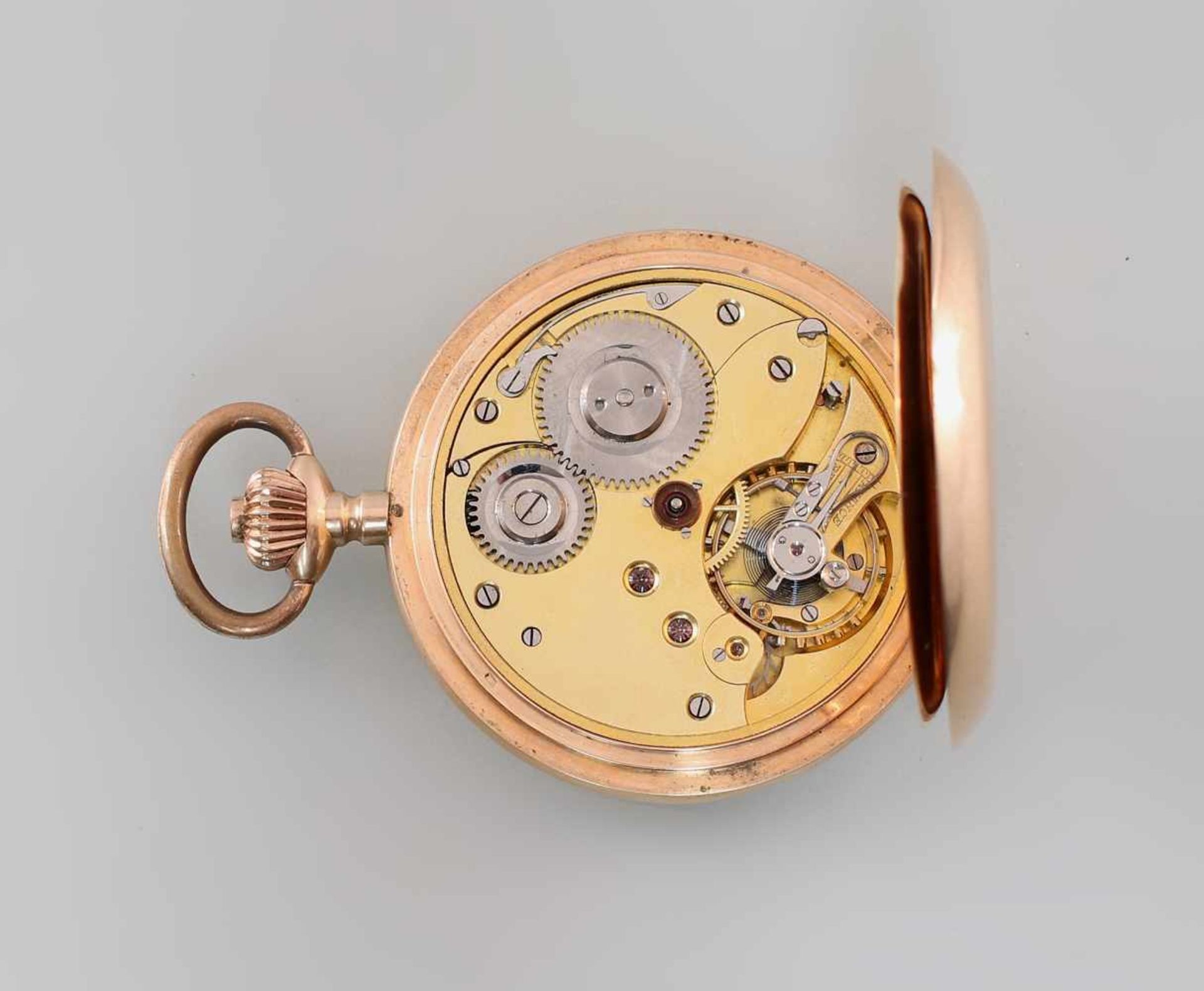 Goldene Savonette Sprungdeckel-Taschenuhr um 1900, 585er Gold, alle 3 Deckel gepunzt, Ankerwerk, - Bild 4 aus 4