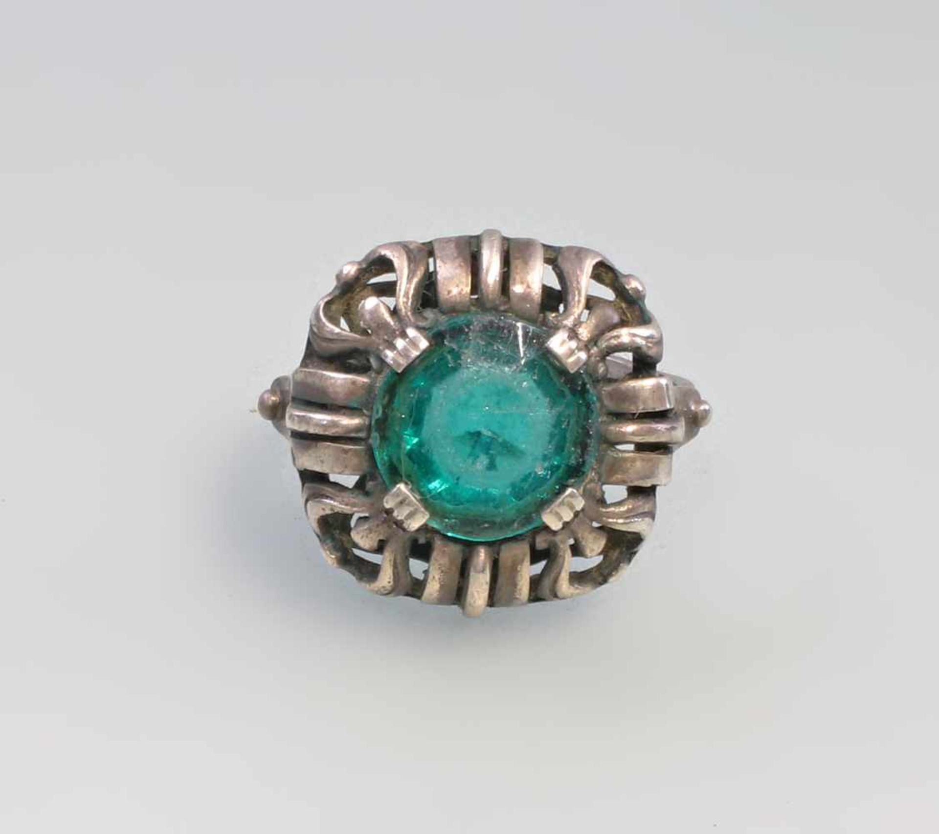 Silber-Ring mit grünem Stein925er Silber, handgearbeiteter, großer Ringkopf mit einzelnen - Bild 2 aus 3