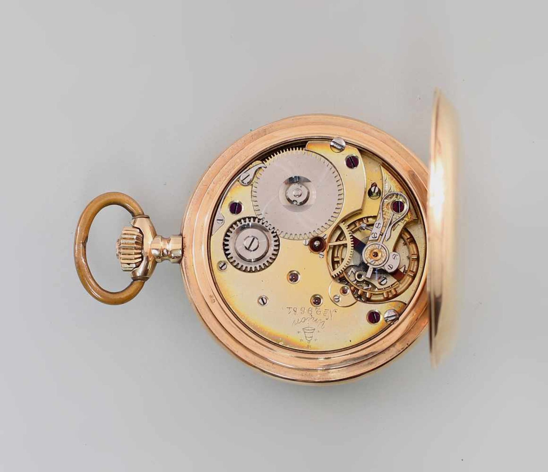 Goldene Savonette Sprungdeckel-Taschenuhr Union Dresden um 1900, 585er Gold, gepunzt, Ankerwerk, - Bild 4 aus 5