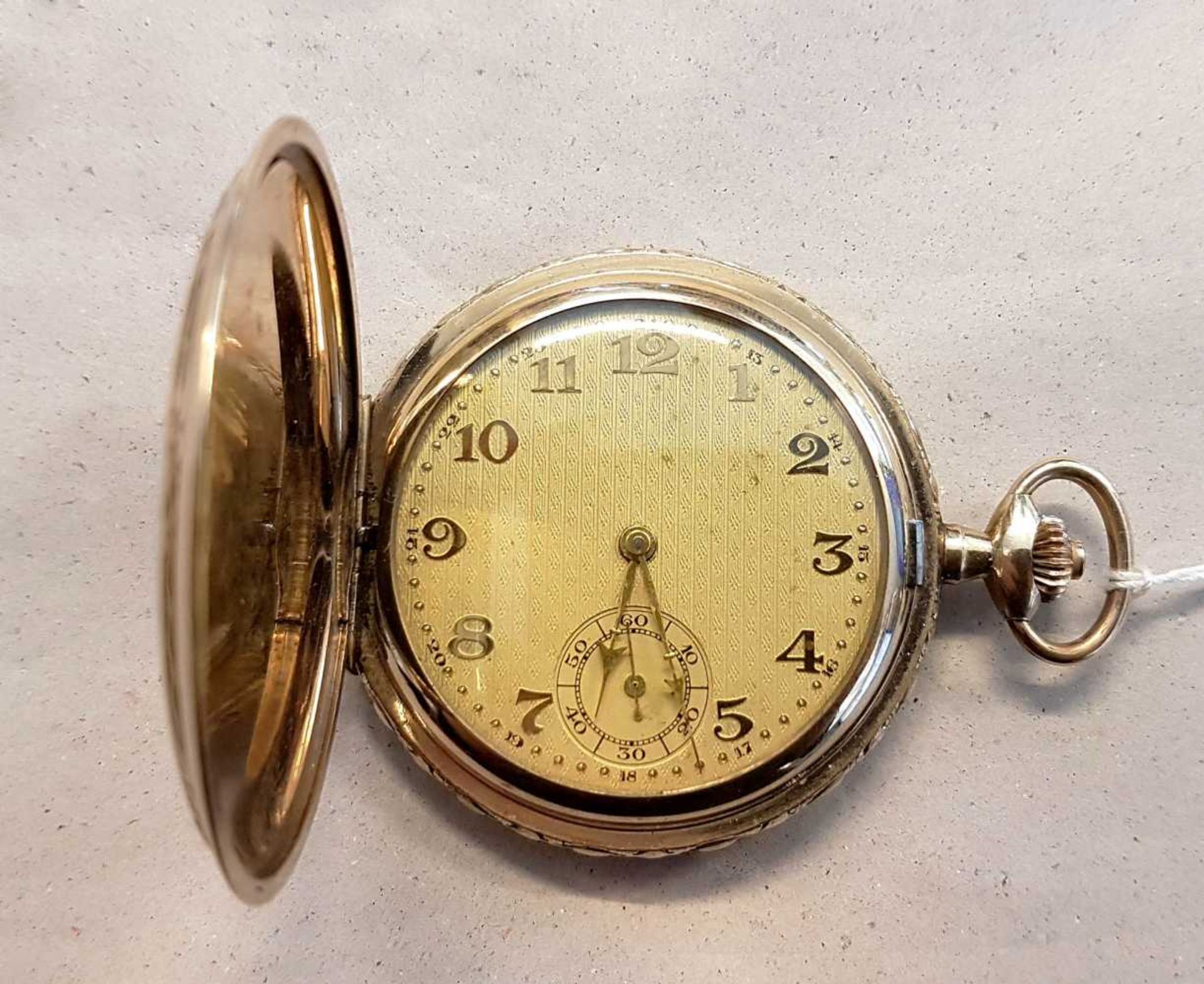 Vergoldete Savonette Sprungdeckel-Taschenuhr um 1930, Savonette, vergoldetes Gehäuse (Gold-Doublé,