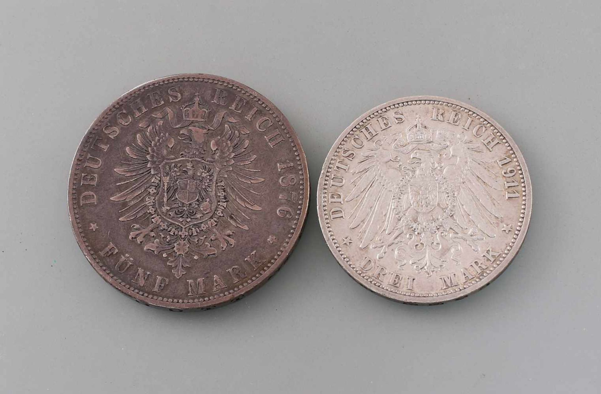 Deutsches Reich 3 Mark Württemberg 1911 + 5 Mark Hamburg 1876Deutsches Reich, 900er Silber, 3 Mark - Bild 2 aus 2