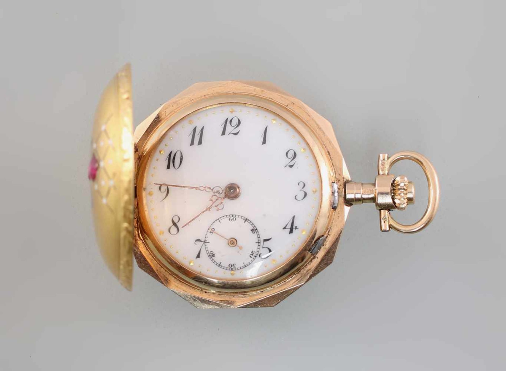Goldene Savonette Damentaschenuhr Spätbiedermeierum 1880, 585er Gold, alle 3 Deckel gepunzt 14K - Bild 2 aus 5