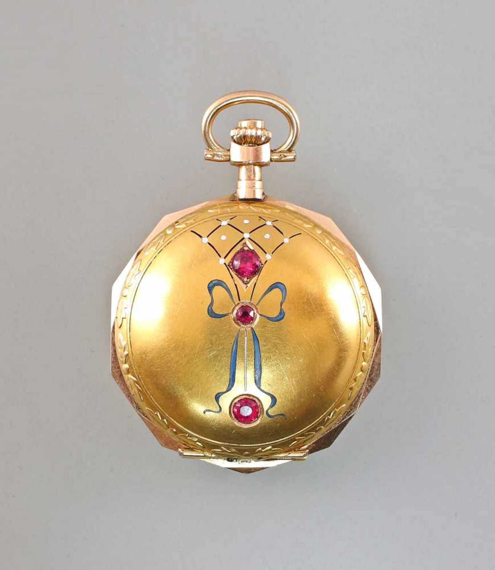 Goldene Savonette Damentaschenuhr Spätbiedermeierum 1880, 585er Gold, alle 3 Deckel gepunzt 14K