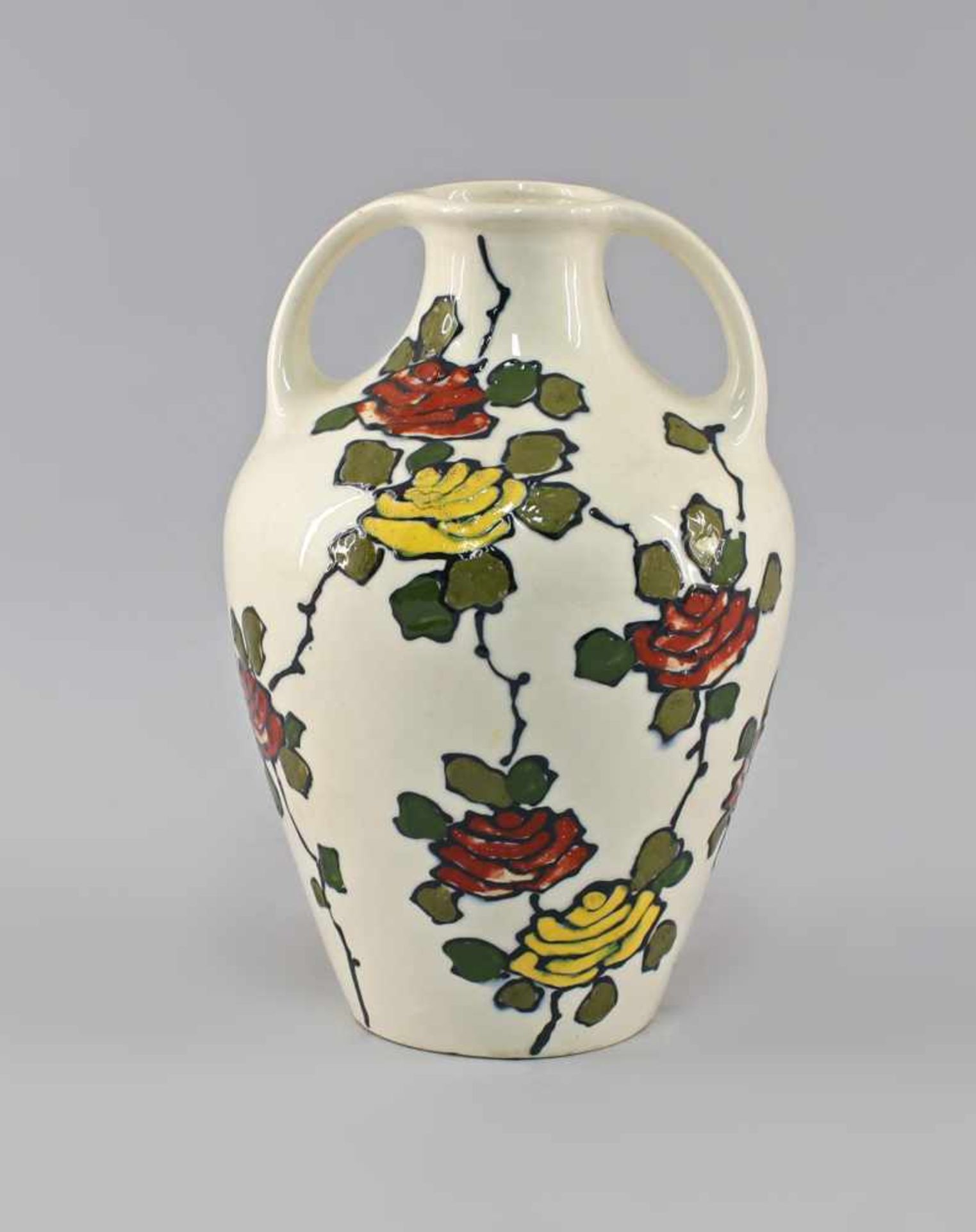 Henkel-Vase Jugendstil Schlickermalerei, Steingut, Dux, Eduard Eichler um 1905, cremefarbene Glasur, - Bild 2 aus 3