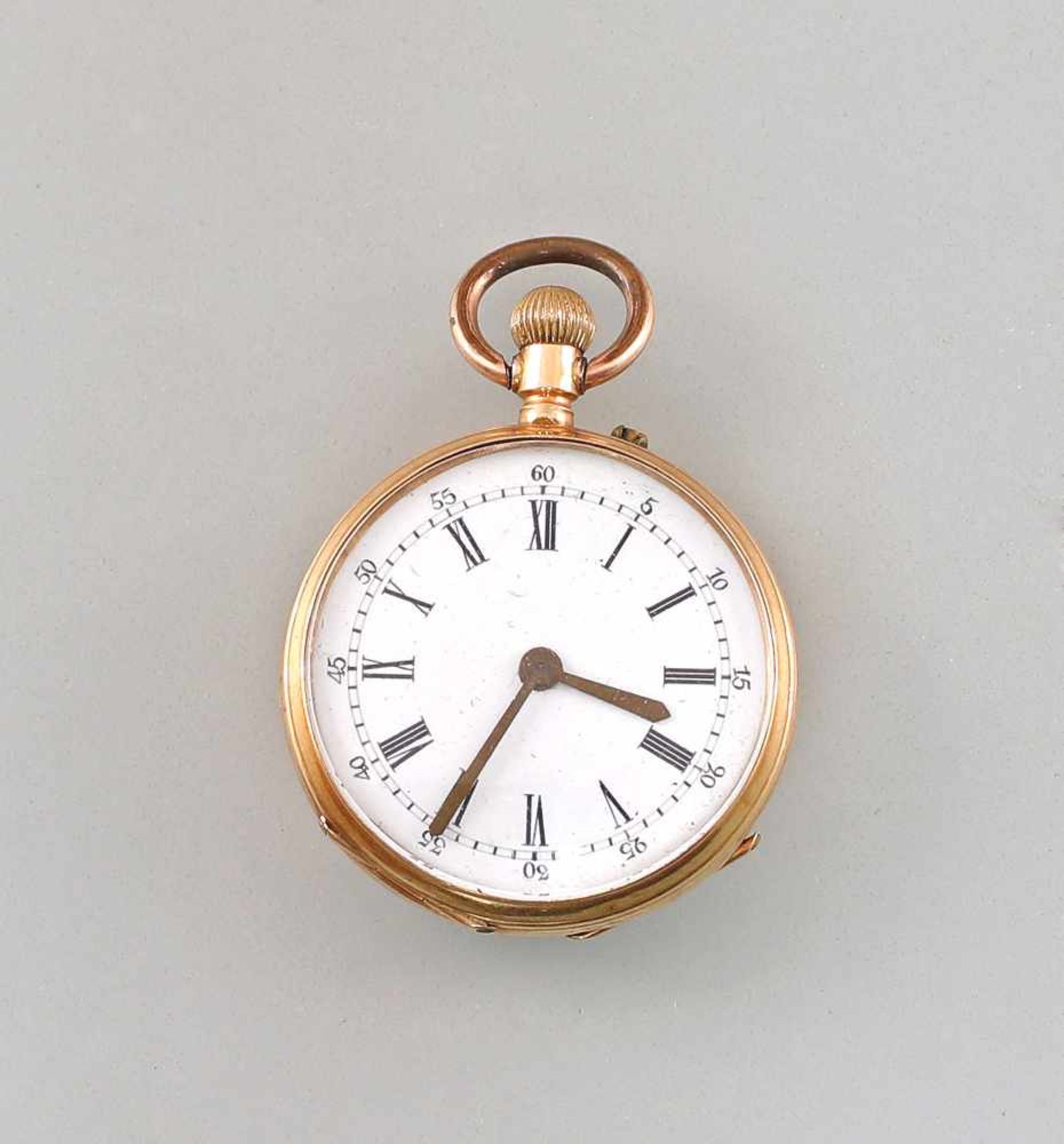 Goldene Damen-Taschenuhr um 1890, 585er Gold, gepunzt K14, Zylinderwerk, Email-Zifferblatt mit