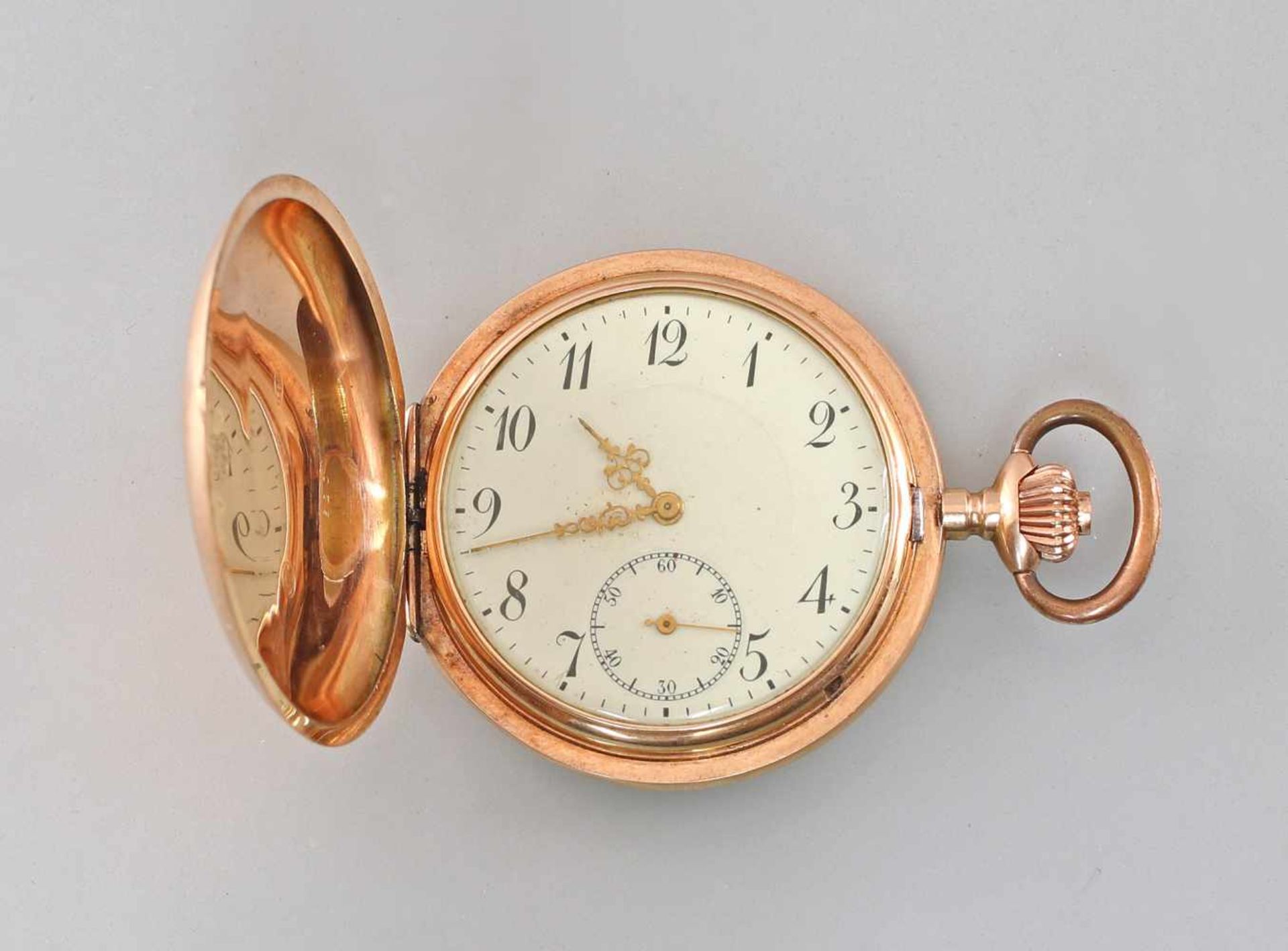 Goldene Savonette Sprungdeckel-Taschenuhr um 1900, 585er Gold, alle 3 Deckel gepunzt, Ankerwerk,