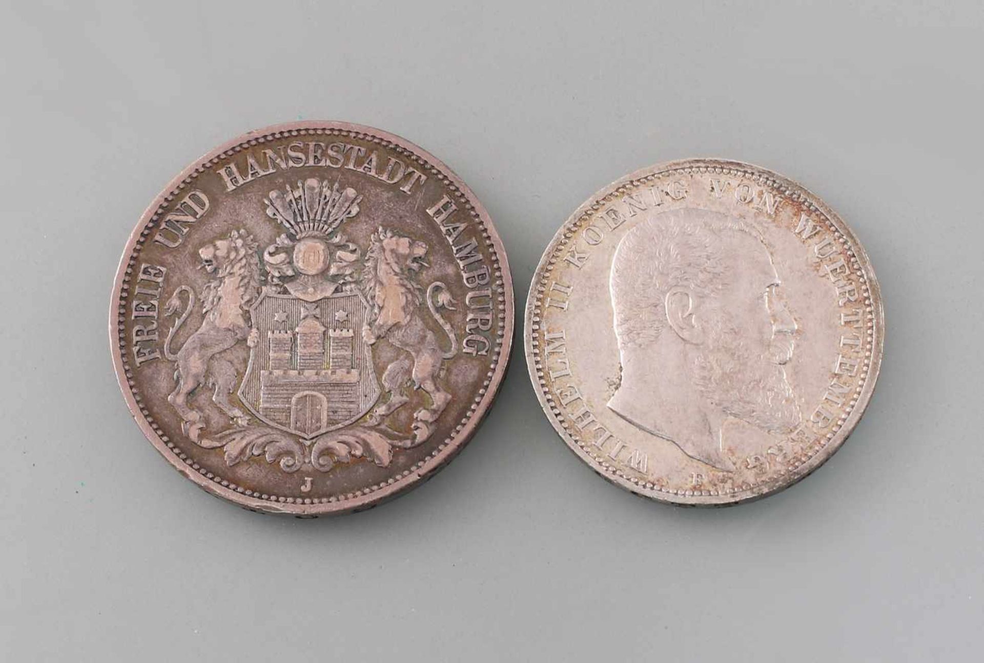 Deutsches Reich 3 Mark Württemberg 1911 + 5 Mark Hamburg 1876Deutsches Reich, 900er Silber, 3 Mark