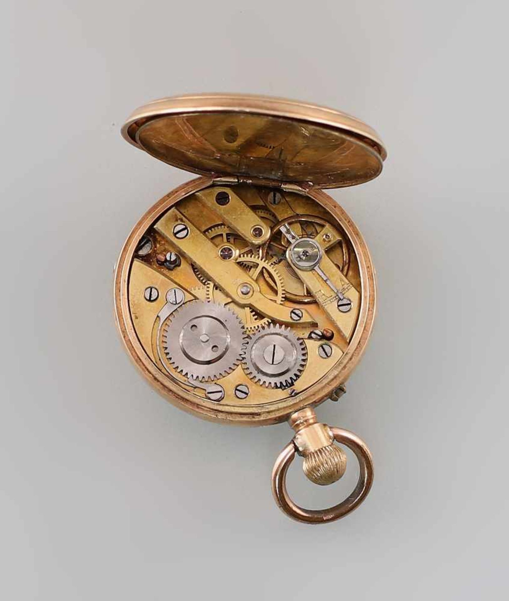 Goldene Damen-Taschenuhr um 1890, 585er Gold, gepunzt K14, Zylinderwerk, Email-Zifferblatt mit - Bild 3 aus 3