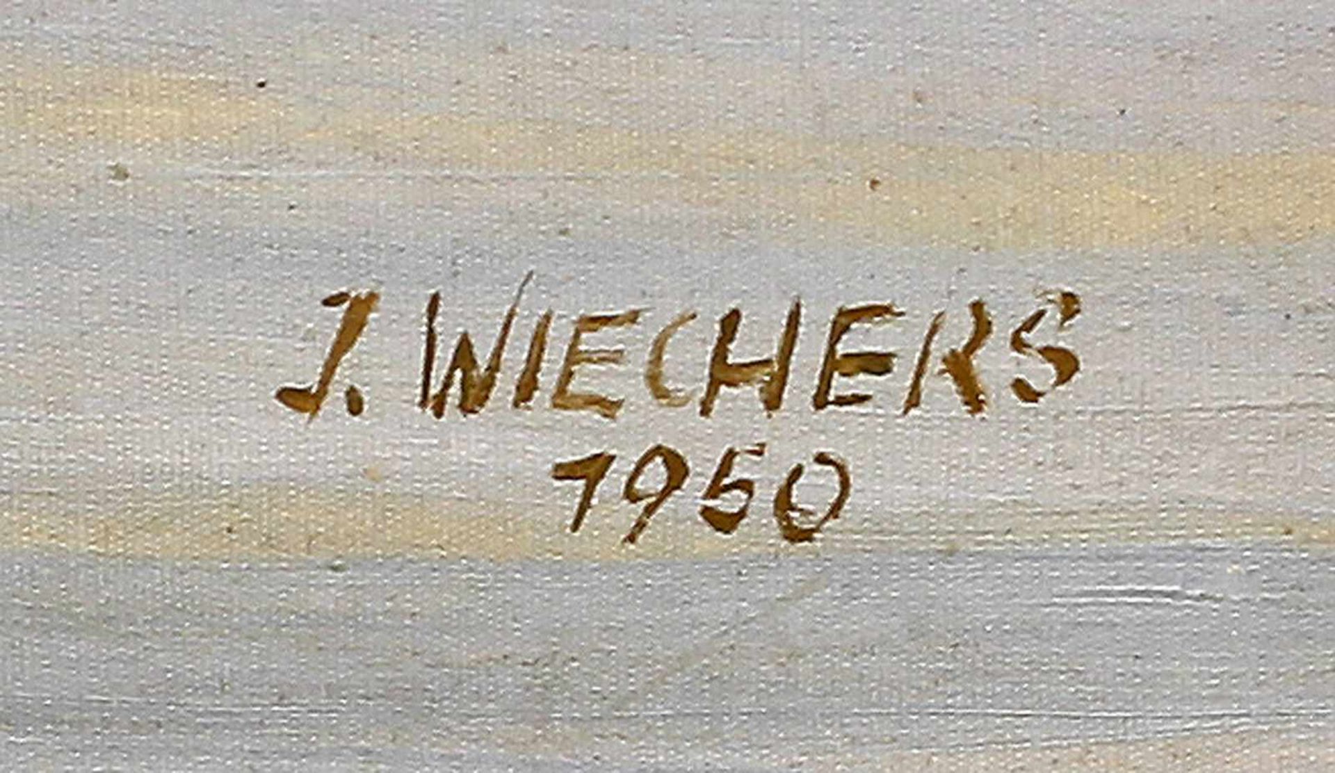 Wiechers, Stadt am Rheinuferre. u. sign. "J. Wiechers" und dat. 1950, Öl/Holzmaltafel, idyllisches - Bild 2 aus 2