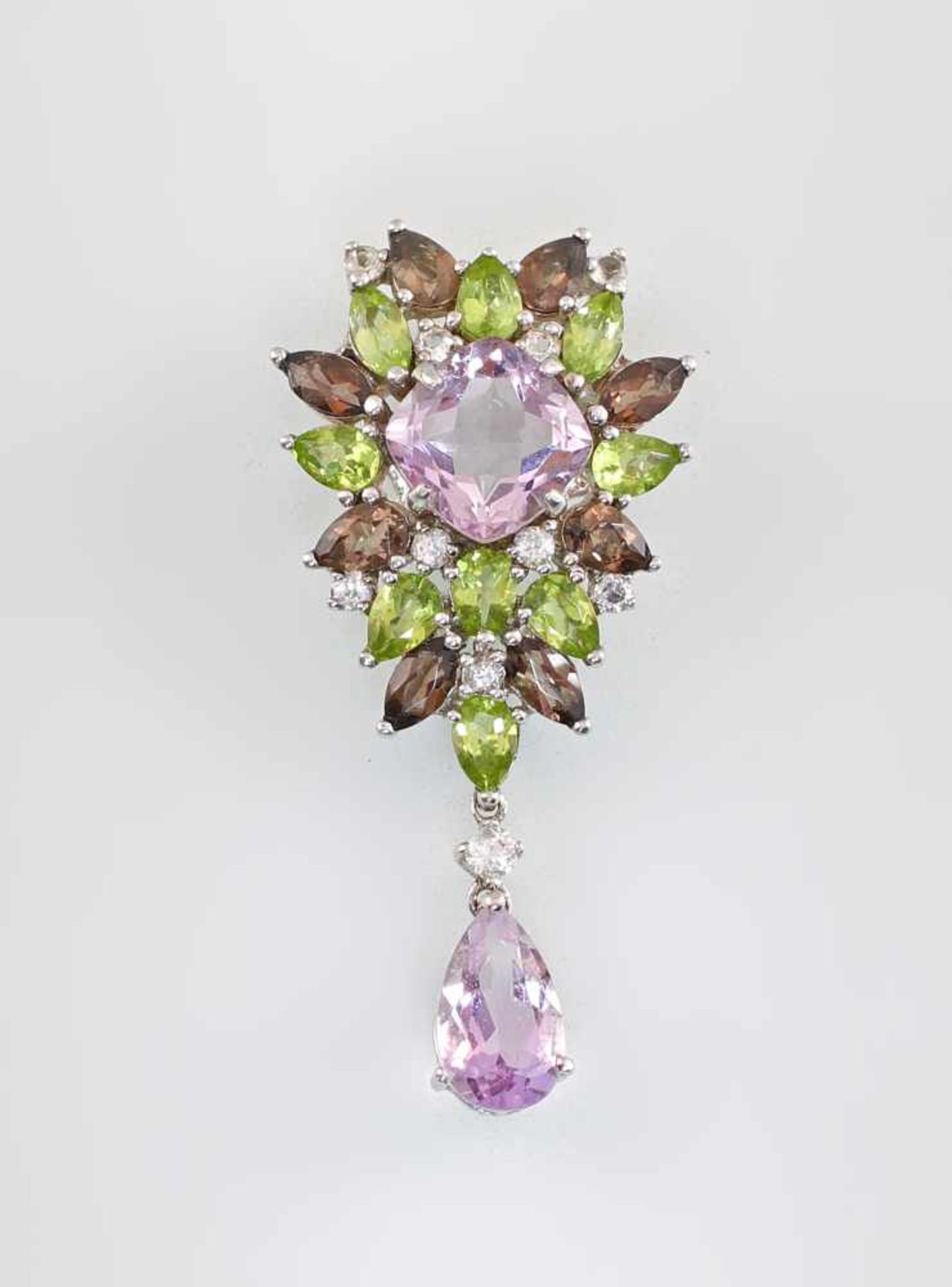 Amethyst-Peridot-Rauchquarz-Anhänger925er Silber, zentral quadratischer Amethyst umrundet von