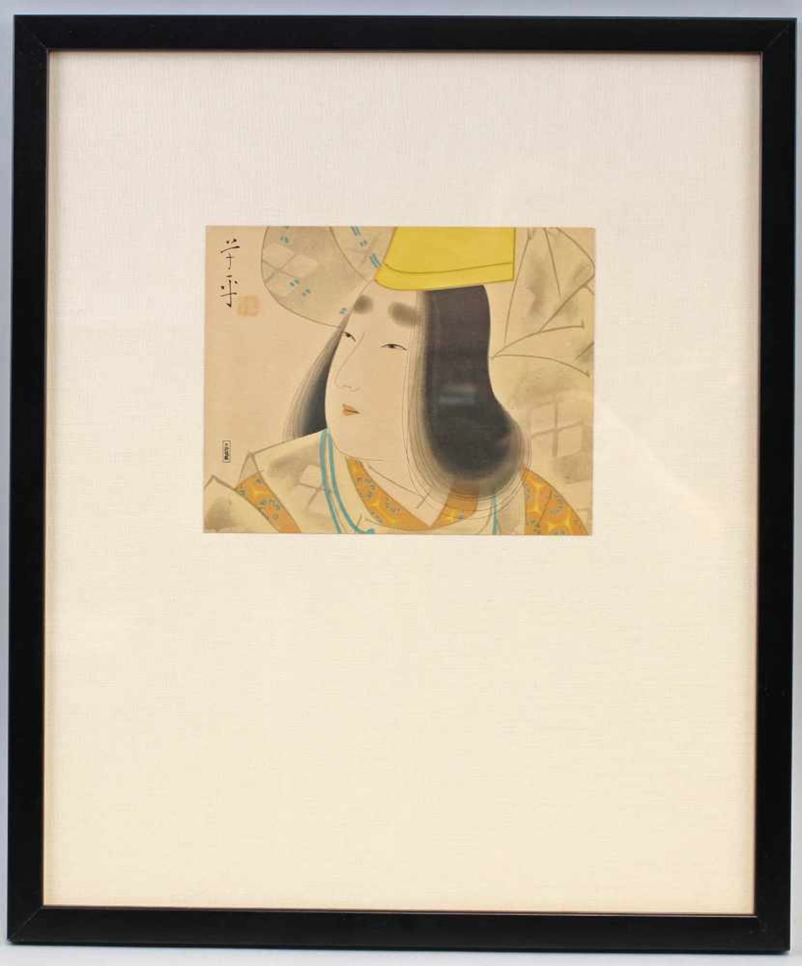 Geishawohl Japan, Mitte 20. Jh., aquarelltönige Lithographie auf strukturiertem Papier, li.