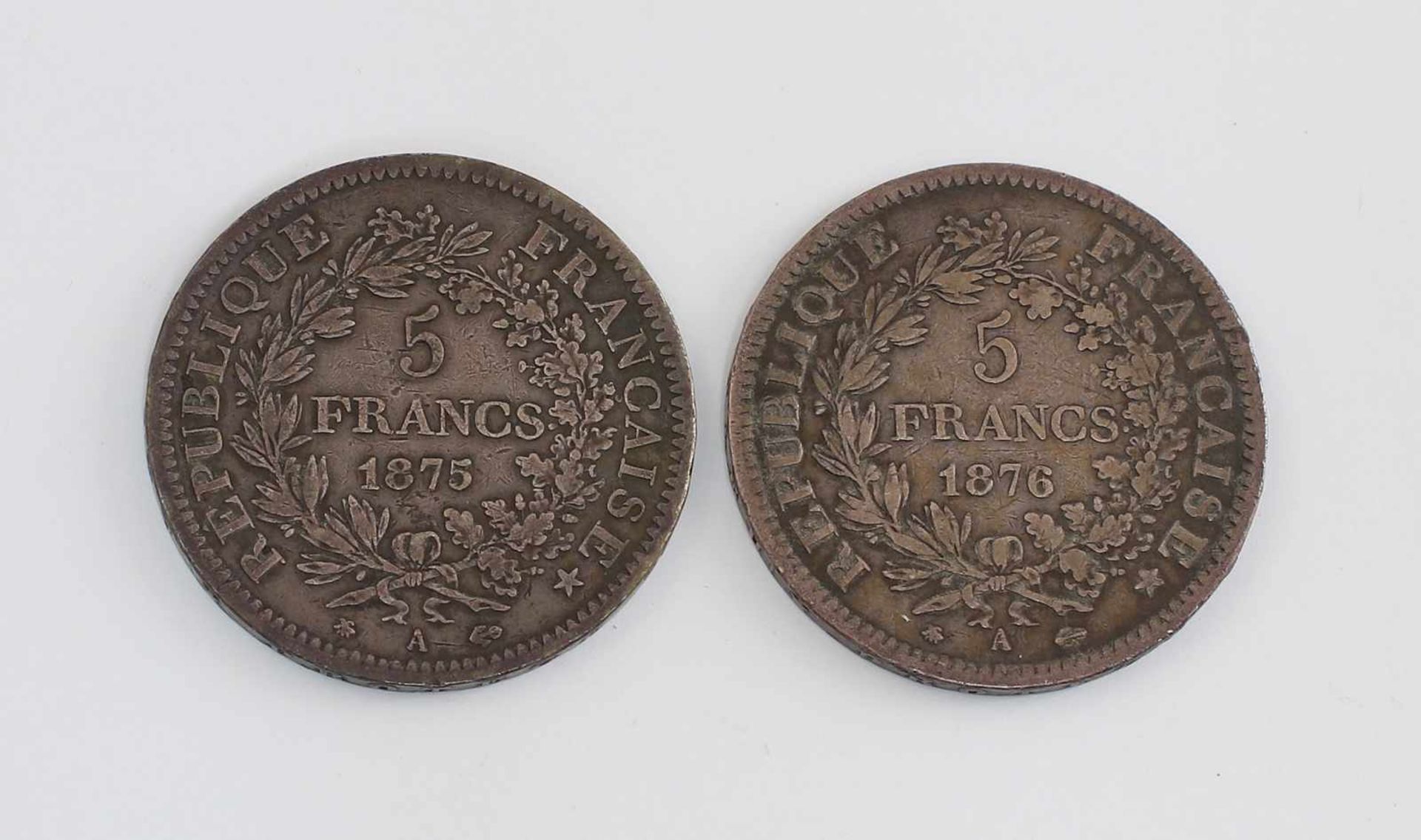 2 Silber-Münzen 5 Francs Frankreich 1875/76900er Silber, je 25 g, Republique Francaise, 5 Francs - Bild 2 aus 2